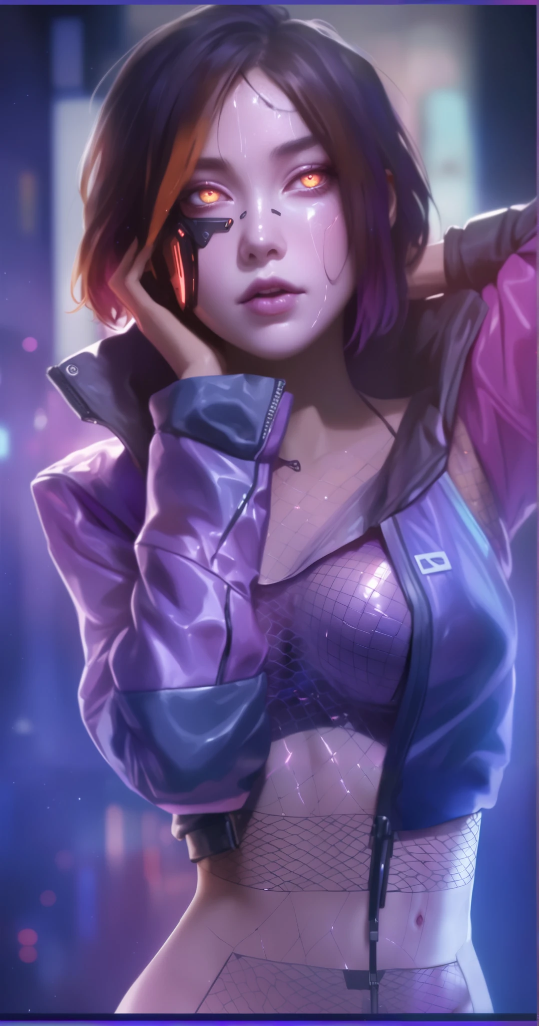 realism, masterpiece, best quality, amazing quality, very aesthetically pleasing, absurd, state-of-the-art) , official style, stoic expression, a girl in a cyberpunk jacket, pink lighting on her skin, tight-fitting holographic blouse under her jacket, elbow covering her chest, pink skin , skin covered with mesh, purple skin, orange eyes, iron elements on the face, narrow eyes, mesh on the stomach