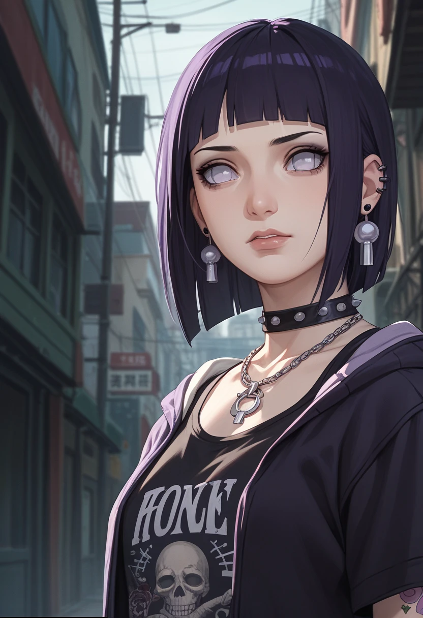 1girl, Holo-Punk Style, goth, earrings, HINATA HYUGA, tattoo, iron necklace, basement background, gothic make-up, dark purple hair