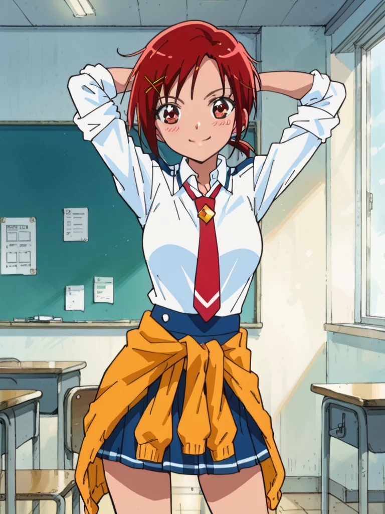 score_9, score_8_up, score_7_up, 1girl, Hino Akane sm, red hair, short hair, short ponytail, x hair ornament, red eyes, large breasts, blush, 

school uniform, white shirt, long sleeves, red necktie, sleeves rolled up, blue skirt, arms behind head, sweater around waist,

looking at viewer, smile, classroom, closed mouth,