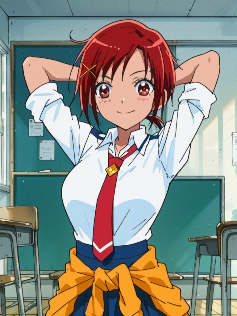 score_9, score_8_up, score_7_up, 1girl, Hino Akane sm, red hair, short hair, short ponytail, x hair ornament, red eyes, large breasts, blush, 

school uniform, white shirt, long sleeves, red necktie, sleeves rolled up, blue skirt, arms behind head, sweater around waist,

looking at viewer, smile, classroom, closed mouth,