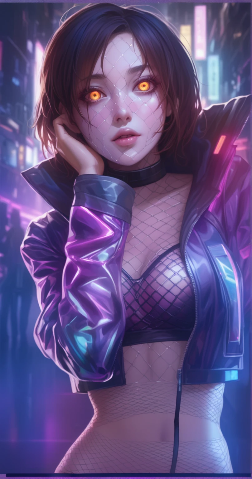 realism, masterpiece, best quality, amazing quality, very aesthetically pleasing, absurd, state-of-the-art) , official style, stoic expression, a girl in a cyberpunk jacket, pink lighting on her skin, tight-fitting holographic blouse under her jacket, elbow covering her chest, pink skin , skin covered with mesh, purple skin, orange eyes, iron elements on the face, narrow eyes,wide leather collar