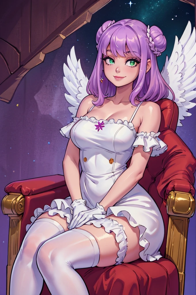 (mejor calidad, Obra maestra), mirando abajo, viento, Partícula, parte superior del cuerpo, 1 girl, ((angel wings)), ((light skin)), red lips, medium hair, (((loose hair))), (((two buns hair))), (((light purple hair))), ((green eyes)), medium breast, (((gems in clothes))), (white gloves), ((white bouffant dress)), ((white stockings)), ((insane face)), fringe hair, (smiling), hair bangs, ((sitting in a throne))