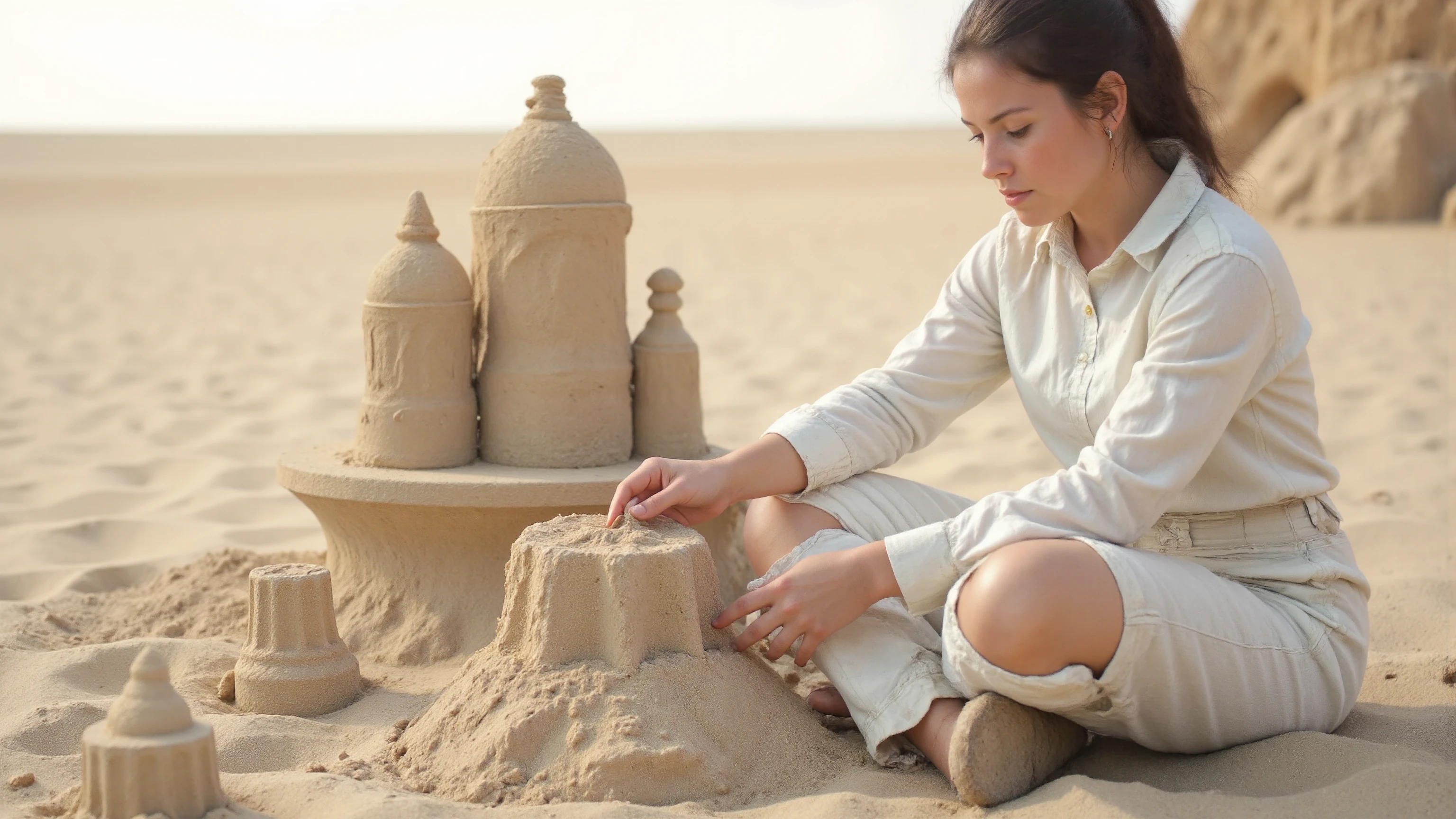 A young woman in a futuristic space suit kneels on the sandy planet's surface, her hands moving with precision as she crafts intricate sandcastles. Framed mid-shot, the vast, barren landscape stretches behind her, set against soft, diffused lighting that highlights the details of her suit and creations. Her expression is serene, focused on shaping the perfect sand formations. The composition centers on her hands, showcasing well-defined muscles, highly detailed fingers, and photorealistic skin with visible pores. The image is rendered in ultra-high definition, with sharp focus, well-defined edges, and a sense of tranquility.