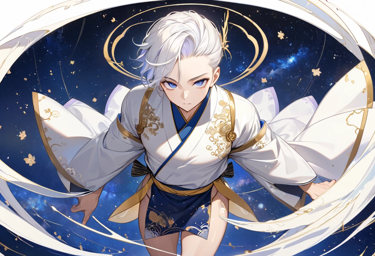 Fresh illustration,
Ultra-fine drawing,
Very delicate illustration,
Very fine details,
One boy,
Full body,
Height 158cm,
Fair skin,
Right eye is purple,
Left eye is blue,
Odd eyes,
Heterochromie iris,
Beautiful eyes,
Large black pupils,
Cleanly cut hairstyle,
Slicked back hairstyle,
Short hair,
Shiny hair,
Blue roots and white hair elsewhere,
Hair with a gradient,
Cute face,
Pretty face,
Shiny halo on the back of the head,
Raised eyebrows,
Upper body in kimono,
Upper body in traditional Japanese clothing,
Masculine build,
Six pack,
Very small breasts,
No breasts,
Lower body in Chinese dress,
Black obi,
Overall white clothes,
Tasteful embroidery with gold thread,
Clothes with a high-quality texture,
Jock straps,
Thigh straps,
Thigh straps digging into skin,
White long boots,
Japanese style toes,
Five fingers on hands and feet,
Thin waist,
Thin legs,
Isometric,
Golden ratio,
Divine atmosphere,
Wearing an indigo-colored stand-up collared inner,
Outer space,
Galaxy,
Countless small stars,
Tactical use of shadows,
Free pose,
Sexy pose,
Exposing skin,
Erotic pose,
Adult pose,
Lewd appearance,
Looking at camera,
Buttocks facing camera,
Pervert,
See-through clothes,