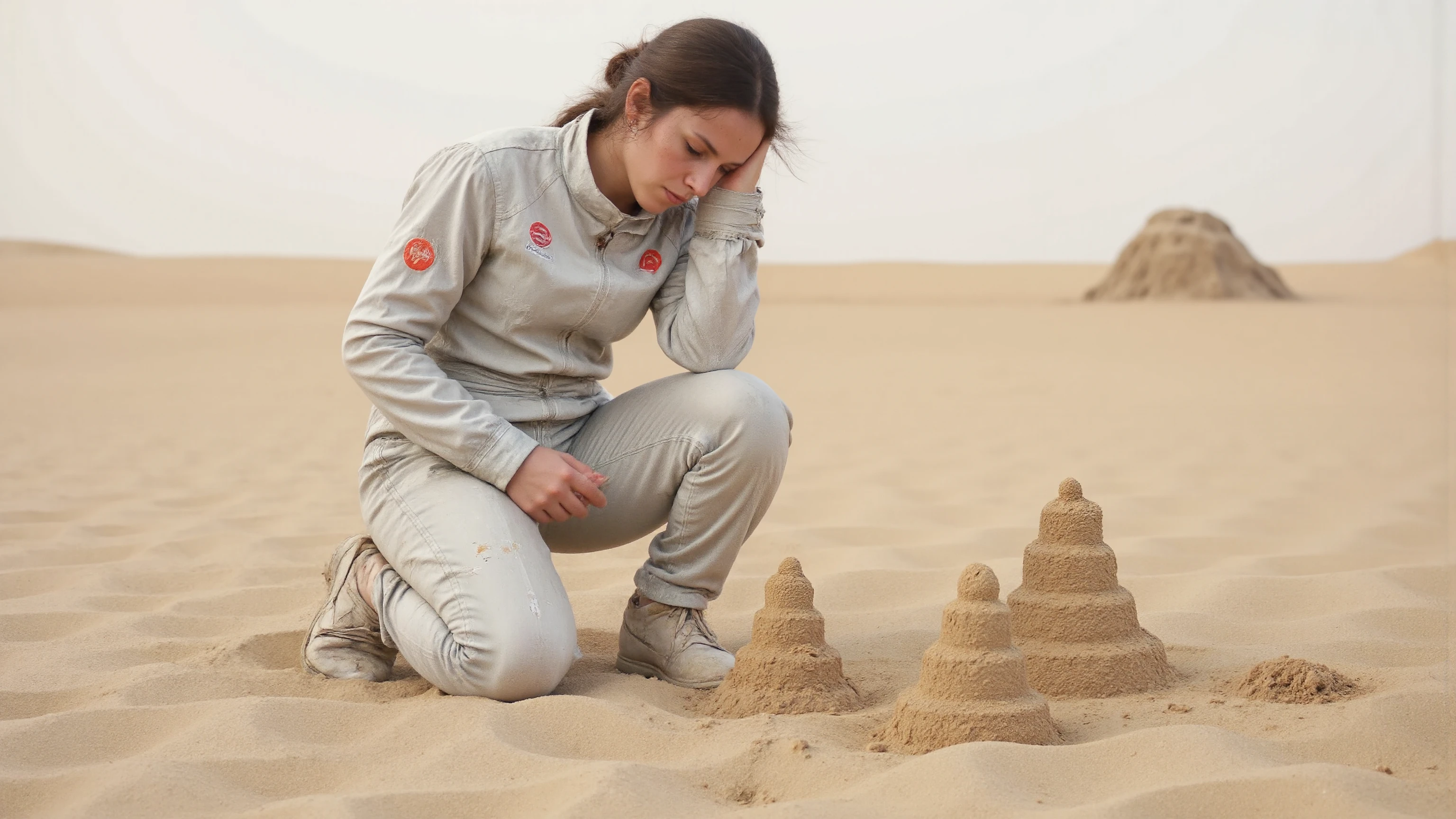 A young woman in a futuristic space suit kneels on the sandy planet's surface, her hands moving with precision as she crafts intricate sandcastles. Framed mid-shot, the vast, barren landscape stretches behind her, set against soft, diffused lighting that highlights the details of her suit and creations. Her expression is serene, focused on shaping the perfect sand formations. The composition centers on her hands, showcasing well-defined muscles, highly detailed fingers, and photorealistic skin with visible pores. The image is rendered in ultra-high definition, with sharp focus, well-defined edges, and a sense of tranquility.