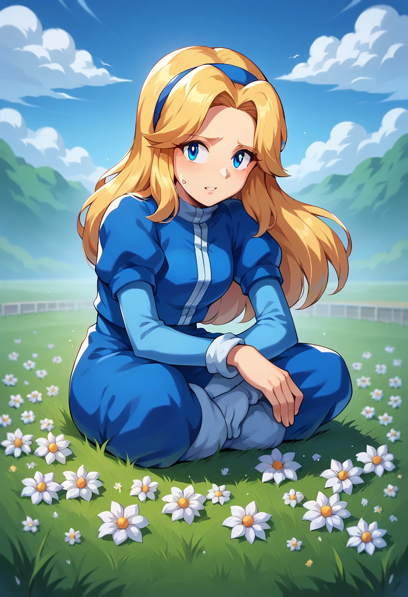 score_9, score_8_up, score_7_up, score_6_up, source anime, BREAK 1girl, solo, mature girl, adult, Maria Robotnik, \(Sonic\), blonde hair, sidelocks, long hair, blue eyes, parted hair, blue hairband, exposed legs, stadding, lokking to sonic running,  exposed legs, white collar, short puffy sleeves, small blue jacket, blue slippers, blue long sleeve dress, florest setting, Field of flowers