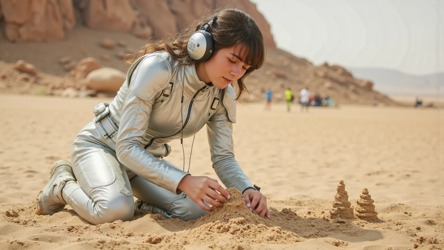 A young woman in a futuristic space suit kneels on the sandy planet's surface, her hands moving with precision as she crafts intricate sandcastles. Framed mid-shot, the vast, barren landscape stretches behind her, set against soft, diffused lighting that highlights the details of her suit and creations. Her expression is serene, focused on shaping the perfect sand formations. The composition centers on her hands, showcasing well-defined muscles, highly detailed fingers, and photorealistic skin with visible pores. The image is rendered in ultra-high definition, with sharp focus, well-defined edges, and a sense of tranquility.