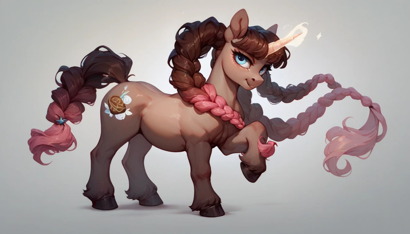 Brown female unicorn pony, orange and black braided hair, green eyes, large crotchboobs, laying on stomach, masturbation