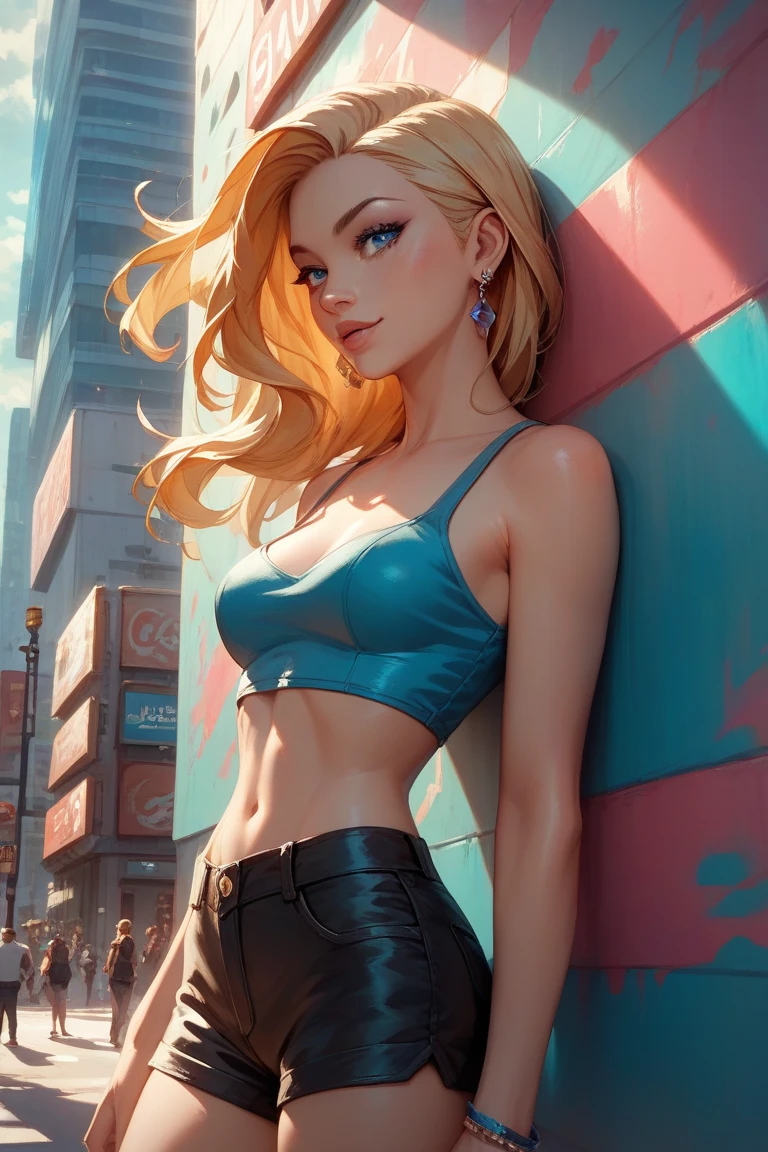 Concept Art in bold style. The painting shows a blonde woman with refined features and fair skin, wearing black shorts and a sleeveless blue top, in a surreal city street scene.  The style features vibrant colors and textured brushstrokes, showcasing an earthy and cool contrast.