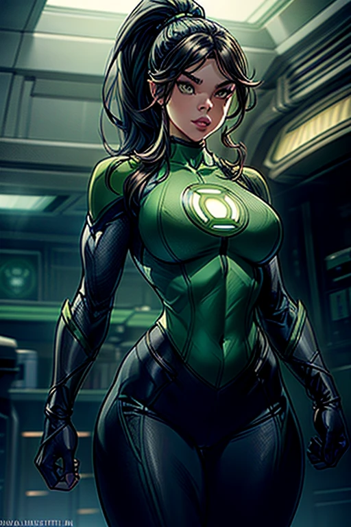 Hailee Steinfeld as green lantern, (Hailee Steinfeld face), standing, green lantern costume, big boobs, round boobs, slim waist, wide hips, toned abs, thighs, navel, green lantern outfit,, , ponytail hairstyle, green eyes, long eyelashes, beautiful detailed eyes, beautiful detailed lips, fat lower lip, beautiful detailed nose, dark grey background, dramatic lighting, cinematic composition