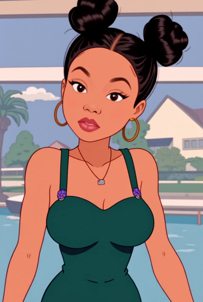 
*Create an illustration of Destini embodying Buttercup from The Powerpuff Girls, set in a vibrant, animated style. The character should have two large, neatly styled hair buns on top of the head, capturing Buttercup's iconic hairstyle. The person is wearing a dark green dress similar to Buttercup's outfit, but with a modern twist: include hoop earrings and two delicate necklaces, one with a small rectangular pendant, adding a touch of personal style. Place a small purple flower detail on the dress strap, merging the classic cartoon look with unique elements. The background features an outdoor setting with a body of water, trees, and a boat, blending the cartoon world with realistic details. The character's expression should convey Buttercup's fierce and determined personality, embodying her tough and confident demeanor.*
