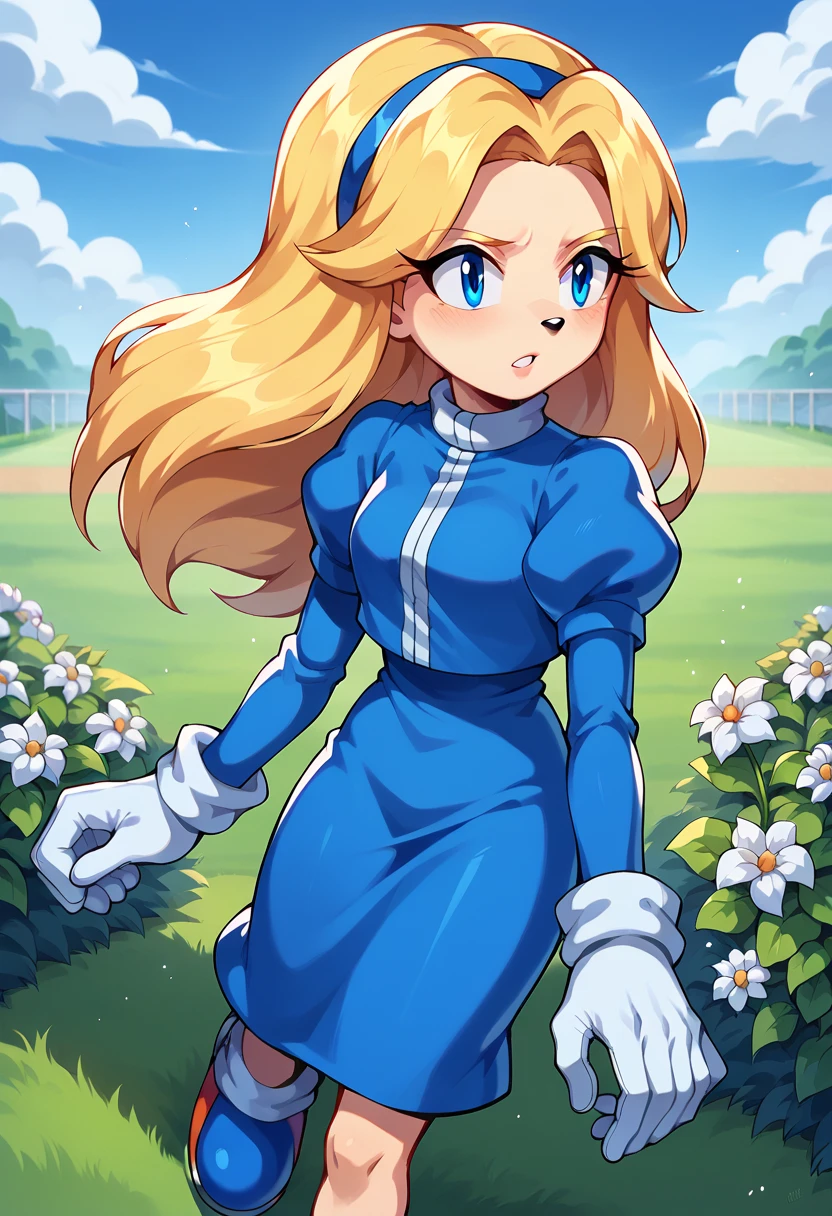 score_9, score_8_up, score_7_up, score_6_up, source anime, BREAK 1girl, solo, mature girl, adult, Maria Robotnik, \(Sonic\), blonde hair, sidelocks, long hair, blue eyes, parted hair, blue hairband, exposed legs, stadding, lokking to sonic running,  exposed legs, white collar, short puffy sleeves, small blue jacket, blue slippers, blue long sleeve dress, florest setting, Field of flowers, sonic running, sonic the hedgehog