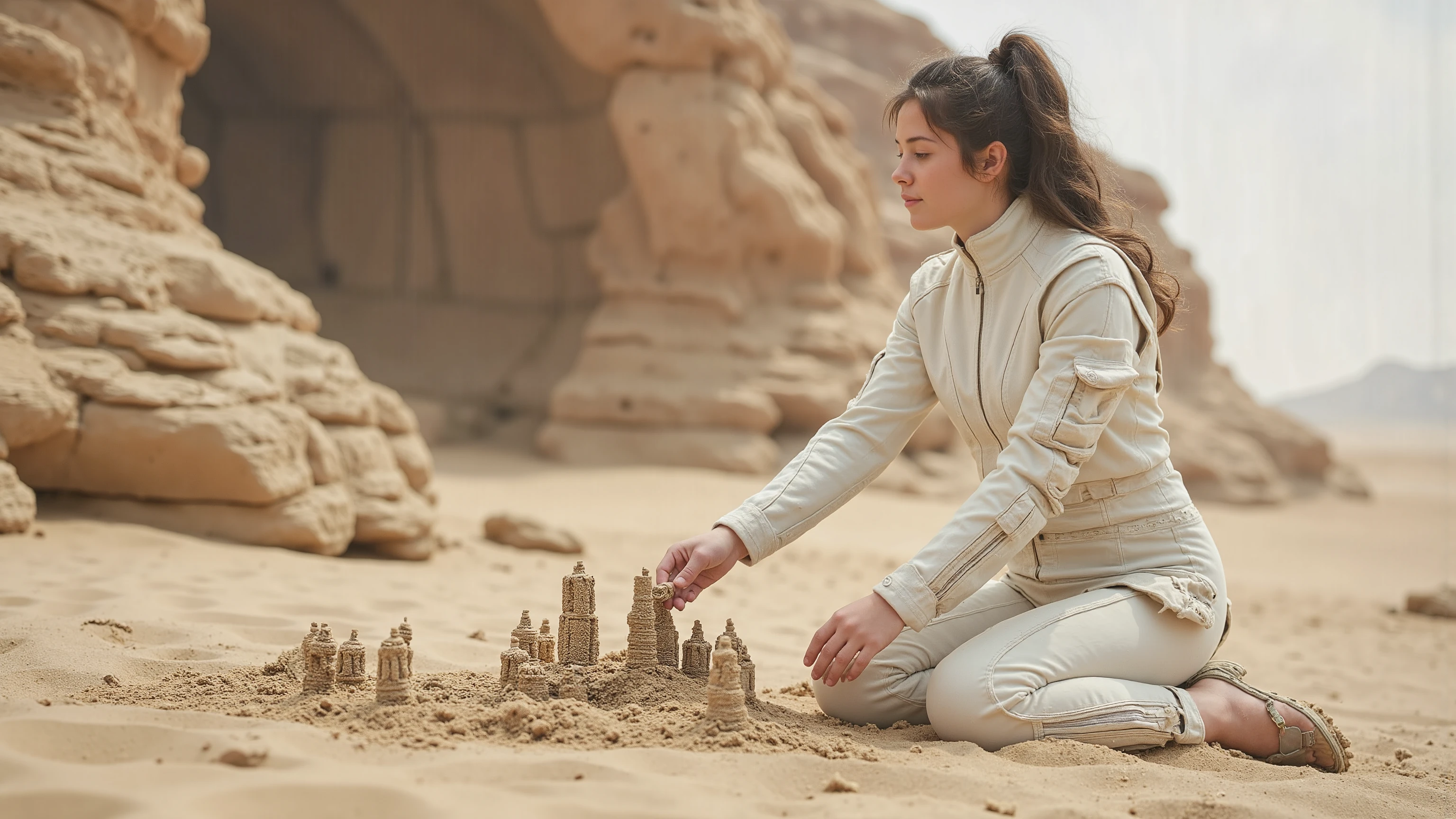 A young woman in a futuristic space suit kneels on the sandy planet's surface, her hands moving with precision as she crafts intricate sandcastles. Framed mid-shot, the vast, barren landscape stretches behind her, set against soft, diffused lighting that highlights the details of her suit and creations. Her expression is serene, focused on shaping the perfect sand formations. The composition centers on her hands, showcasing well-defined muscles, highly detailed fingers, and photorealistic skin with visible pores. The image is rendered in ultra-high definition, with sharp focus, well-defined edges, and a sense of tranquility.