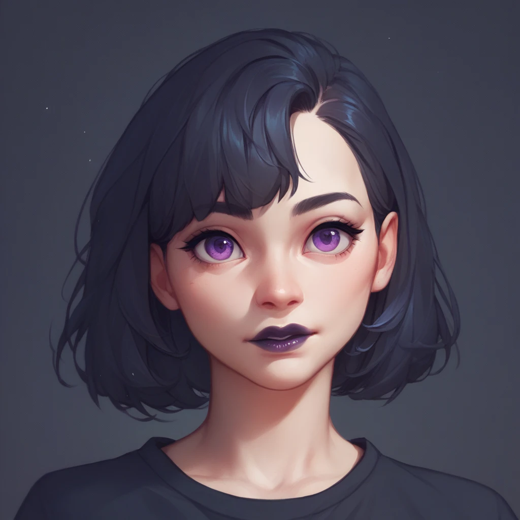 Purple Eyes+Light Skin+Tied Black Hair+Dark Purple Lips+Black Shirt+Cute+Black Background