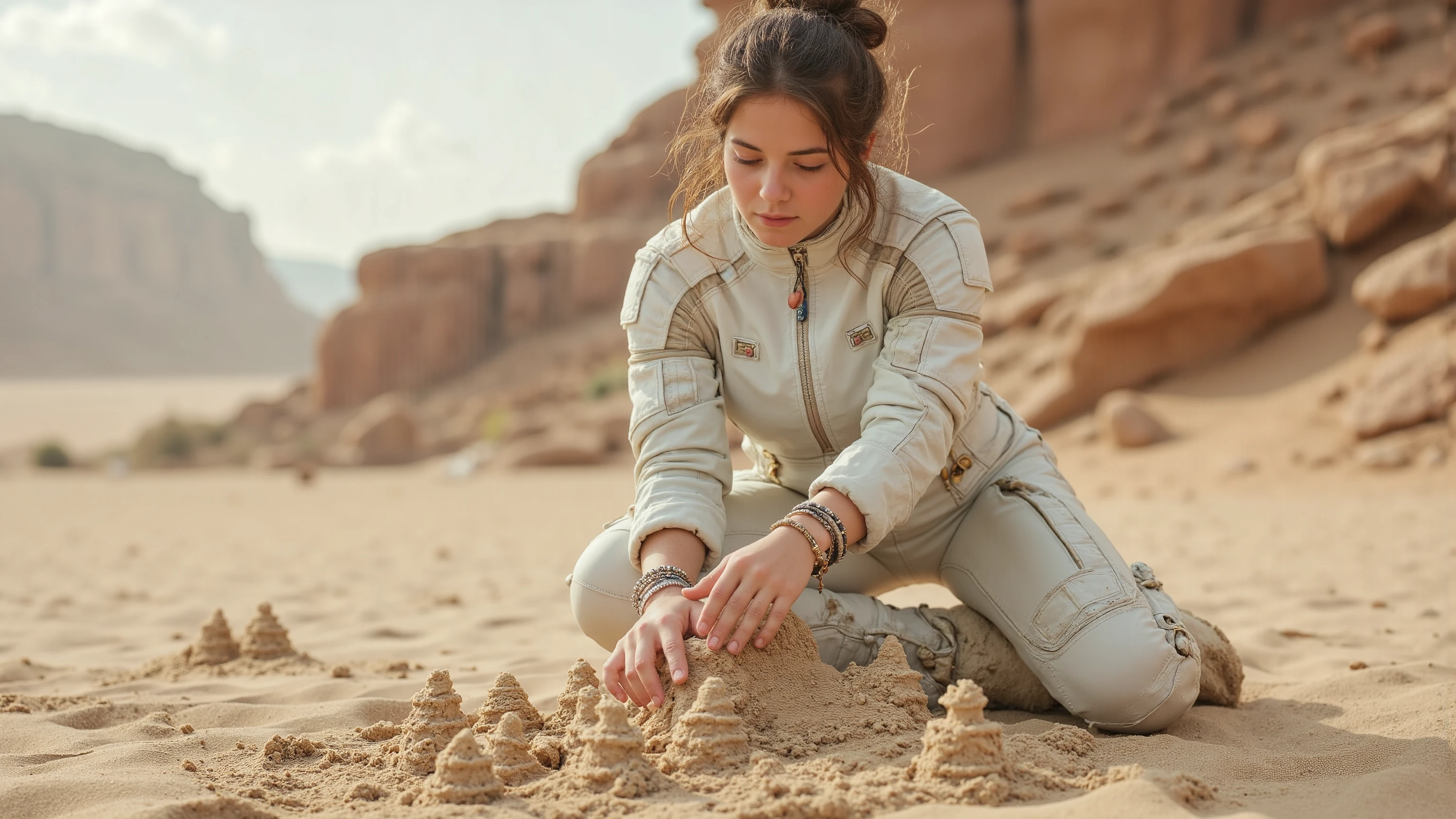 A young woman in a futuristic space suit kneels on the sandy planet's surface, her hands moving with precision as she crafts intricate sandcastles. Framed mid-shot, the vast, barren landscape stretches behind her, set against soft, diffused lighting that highlights the details of her suit and creations. Her expression is serene, focused on shaping the perfect sand formations. The composition centers on her hands, showcasing well-defined muscles, highly detailed fingers, and photorealistic skin with visible pores. The image is rendered in ultra-high definition, with sharp focus, well-defined edges, and a sense of tranquility.