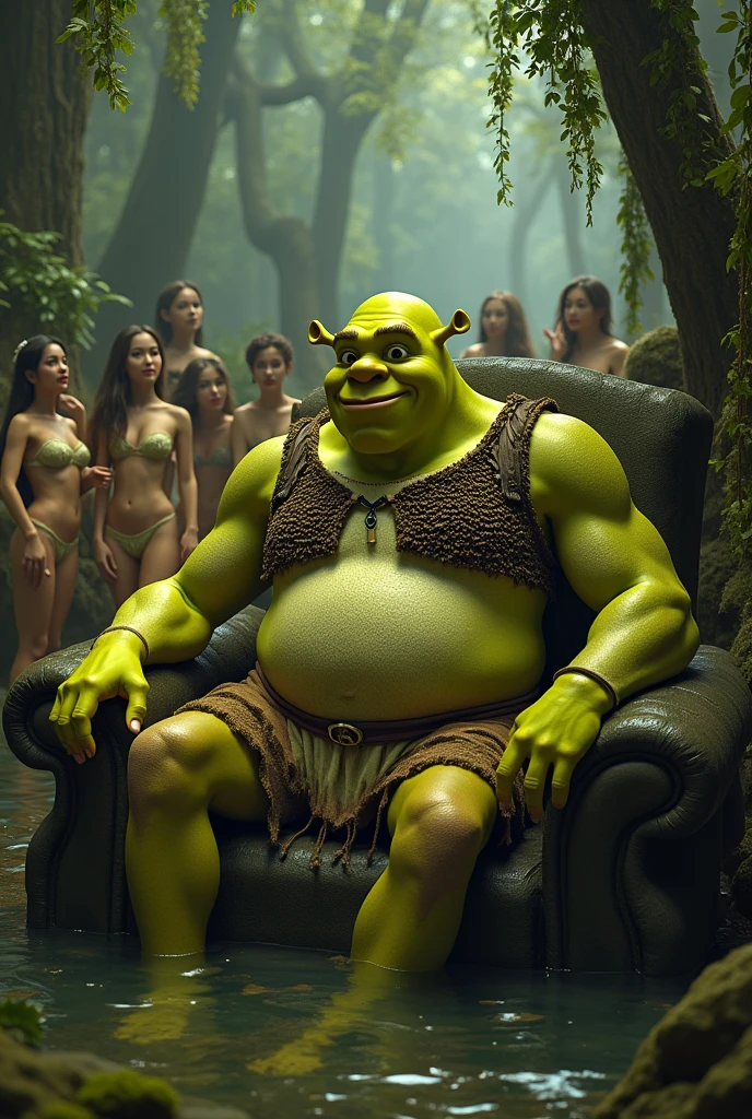 Shrek in a bed with 5 girls dressed in lingerie