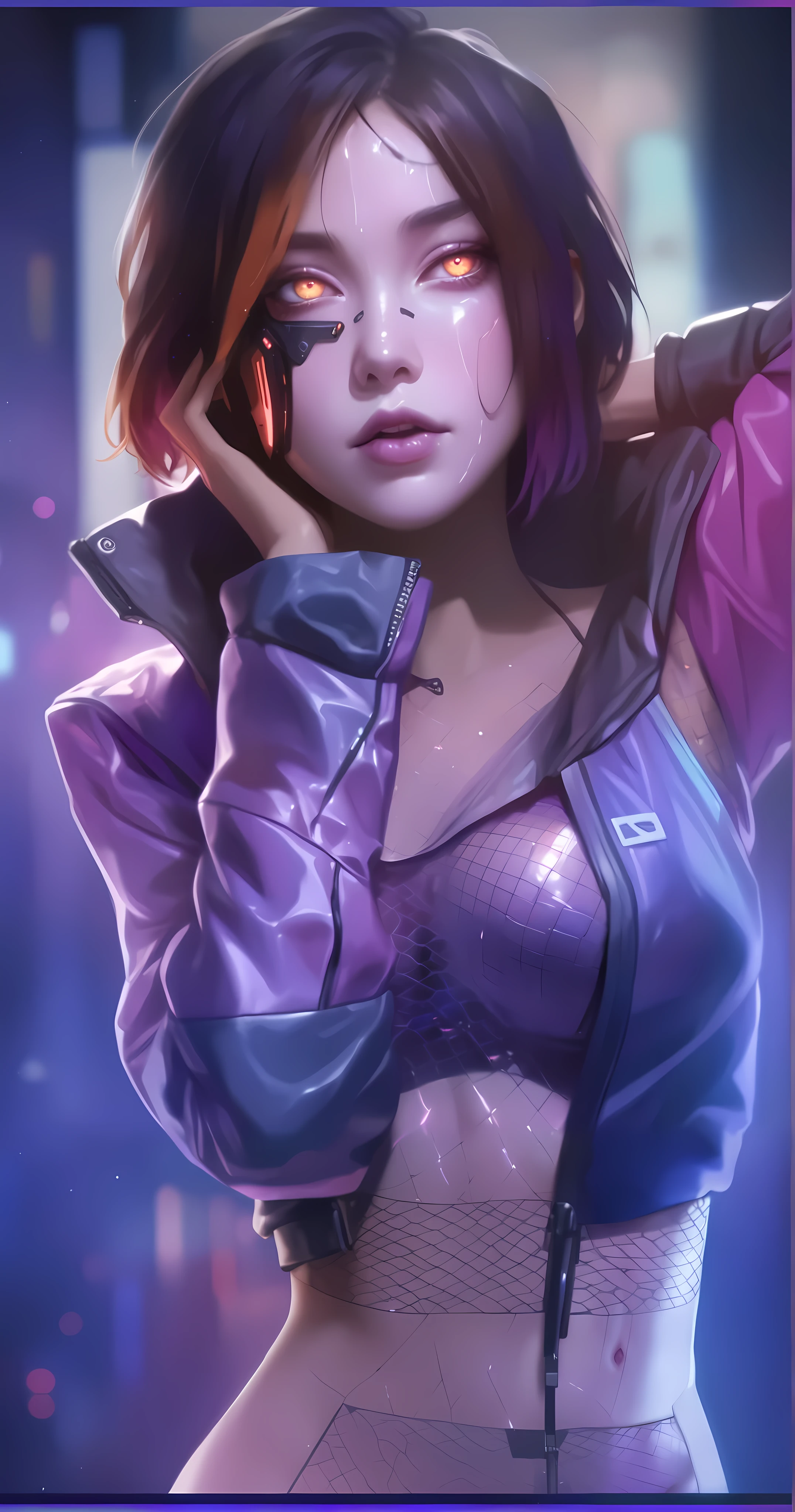 realism, masterpiece, best quality, amazing quality, very aesthetically pleasing, absurd, state-of-the-art) , official style, stoic expression, a girl in a cyberpunk jacket, pink lighting on her skin, tight-fitting holographic blouse under her jacket, elbow covering her chest, pink skin , skin covered with mesh, purple skin, orange eyes, iron elements on the face, narrow eyes, mesh on the stomach