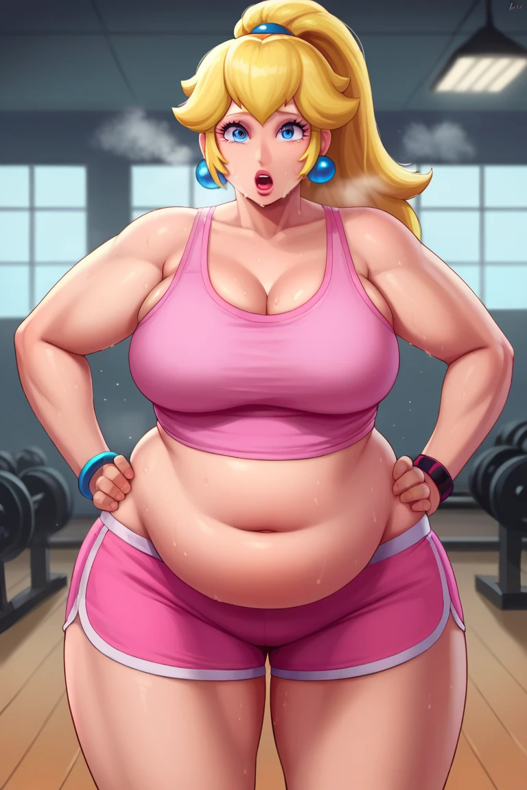 score_9, score_8_up, score_7_up, BREAK, 1girl, solo, princess peach, 1girl, solo, , blonde hair, ponytail, jewelry, bracelet, makeup, casual, cowboy shot, blue eyes, looking at the viewer, large breasts, hands on hips, pink tanktop, sweaty, pink shorts, sweating profusely, open mouth, exhausted, heavy breathing, puddle of sweat on the ground, steam coming out her mouth, gym, indoors, she wears pink shoes, thick, obese, soft belly, chubby, wide hips, sexy hips, half body, big belly, thicc thighs, chubby arms. 4k, HD, out of breath 
