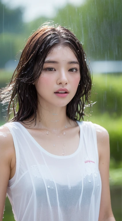 ((32k, Highest quality:1.5, masterpiece, Ultra-high resolution, Photorealistic)), Low angle:1.5, One Girl, 22 years old, Street Corner, summer night, (((Extremely realistic cum shower))), Highly detailed face and skin texture:1.2, ((Looking up at the sky, Slender beauty gets soaked in a rain of realistic semen:1.4)), (Realistic semen rain dripping all over your body:1.2, Wet your hair, Wet clothes:1.1, Semen on the skin), (School_uniform, The button is not closed, Wet Bra),(Dark Blue Blazer), (White shirt、Wear a tie), (Dark blue pleated skirt), (Sculptural installation :1.1), ((Open Valley, Her breasts are larger than her very large face.:1.1)), (Frozen erotic poses and erotic expressions:1.4), Silver Necklace, Blurred Background, Very beautiful face, Upper body only, Low angle:1.5