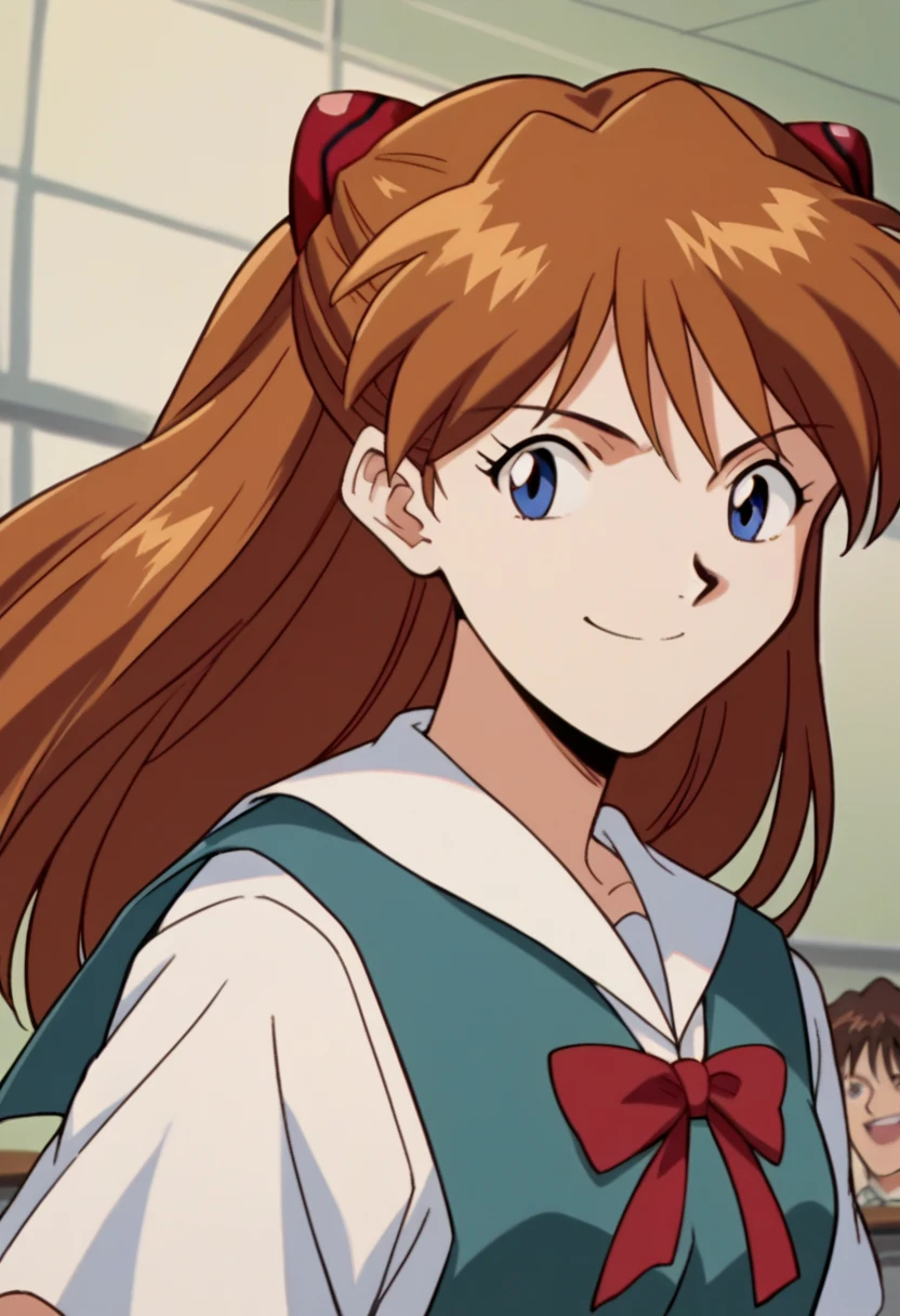 score_9, score_8_ up, score_7_ up,  Source_Anime,
Asuka Langley Souryu,  Asuka Langley Souryu,  long hair, bangs,  blue eyes, Brown Hair,  hair accessories,
 school uniform, tokyo-3 middle  school uniform,
classroom,  bend your back, smile,
 cowboy shot,  viewers, Alone,  Dutch Angle,