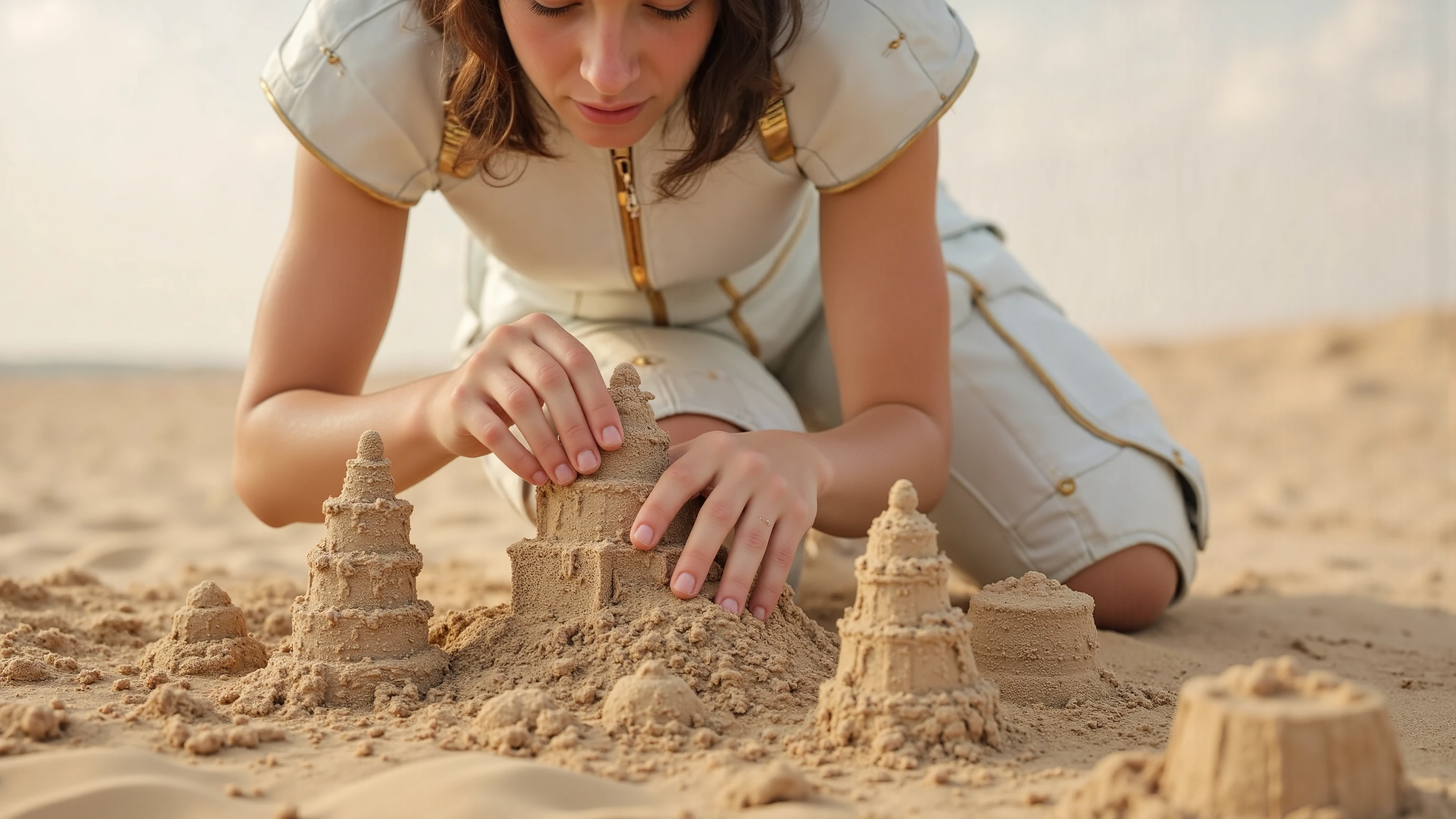 A young woman in a futuristic space suit, kneeling on a sandy planet's terrain, creates intricate sandcastles with serene focus. Mid-shot framing showcases her hands shaping the sand, set against the vast, barren landscape. Soft, diffused lighting highlights her suit and castle details. Composition centers on her hands, muscles defined, with photorealistic skin featuring skin pores, sharp focus, well-defined edges, and ray tracing. UHD, 16k, DSLR quality renders a masterpiece image, earning an award-winning reputation.