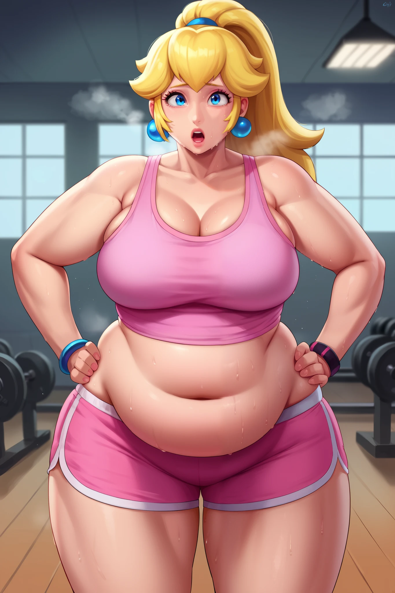 score_9, score_8_up, score_7_up, BREAK, 1girl, solo, princess peach, 1girl, solo, , blonde hair, ponytail, jewelry, bracelet, makeup, casual, cowboy shot, blue eyes, looking at the viewer, large breasts, hands on hips, pink tanktop, sweaty, pink shorts, sweating profusely, open mouth, exhausted, heavy breathing, puddle of sweat on the ground, steam coming out her mouth, gym, indoors, she wears pink shoes, thick, obese, soft belly, chubby, wide hips, sexy hips, half body, big belly, thicc thighs, chubby arms. 4k, HD, out of breath 
