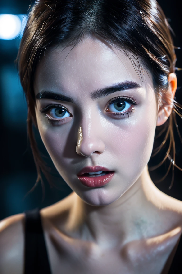 A close-up portrait of a young woman with wide-open eyes, her pupils slightly dilated in shock. Her mouth is closed but slightly tense, showing a frozen expression of surprise. Her eyebrows are raised, accentuating the look of astonishment. The lighting is soft and dramatic, casting subtle shadows that highlight her facial features. The background is blurred and dark, evoking a sense of mystery and tension, with faint futuristic and dystopian elements inspired by the drama ‘3%’. Her expression perfectly captures a moment of unexpected revelation or suspense.