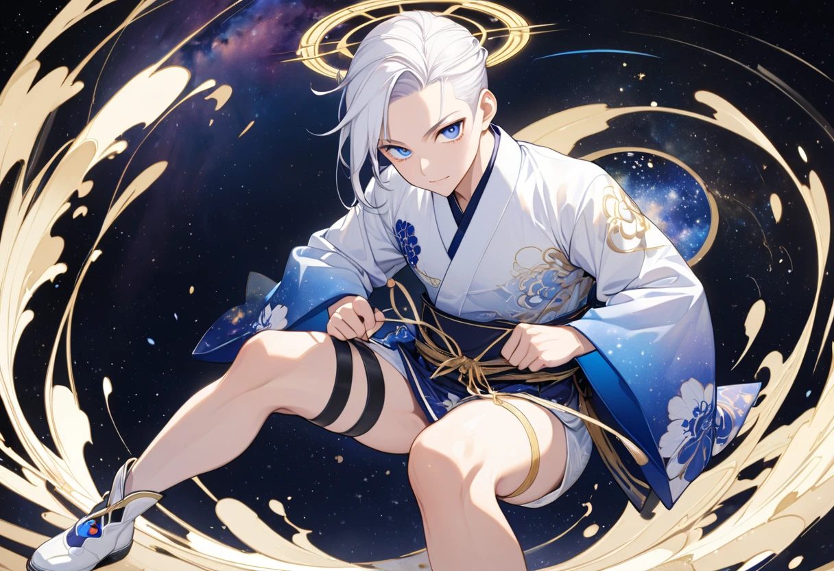 Fresh illustration,
Ultra-fine drawing,
Very delicate illustration,
Very fine details,
One boy,
Full body,
Height 158cm,
Fair skin,
Right eye is purple,
Left eye is blue,
Odd eyes,
Heterochromie iris,
Beautiful eyes,
Large black pupils,
Cleanly cut hairstyle,
Slicked back hairstyle,
Short hair,
Shiny hair,
Blue roots and white hair elsewhere,
Hair with a gradient,
Cute face,
Pretty face,
Shiny halo on the back of the head,
Raised eyebrows,
Upper body in kimono,
Upper body in traditional Japanese clothing,
Masculine build,
Six pack,
Very small breasts,
No breasts,
Lower body in Chinese dress,
Black obi,
Overall white clothes,
Tasteful embroidery with gold thread,
Clothes with a high-quality texture,
Jock straps,
Thigh straps,
Thigh straps digging into skin,
White long boots,
Japanese style toes,
Five fingers on hands and feet,
Thin waist,
Thin legs,
Isometric,
Golden ratio,
Divine atmosphere,
Wearing an indigo-colored stand-up collared inner,
Outer space,
Galaxy,
Countless small stars,
Tactical use of shadows,
Free pose,
Sexy pose,
Exposing skin,
Erotic pose,
Adult pose,
Lewd appearance,
Looking at camera,
Buttocks facing camera,
Pervert,
See-through clothes,