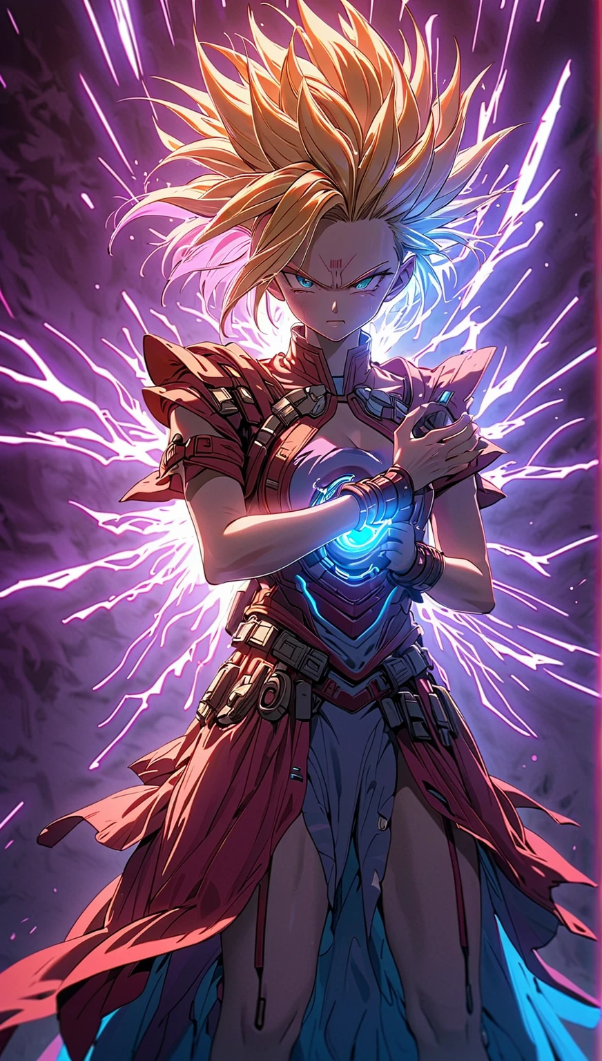 A super Saiyan cyborg,  very detailed,  hyperrealistic poses,  cinematic lighting , dramatic, brave,  melancholic nightgown ,  neon lights , aura of bright energy, intense expression, mechanical parts,  cyberpunk style , advanced technology,  futuristic , volumetric fog,  dynamic pose style, 8k,  photorealistic , Unreal Engine, Concept of artistic style