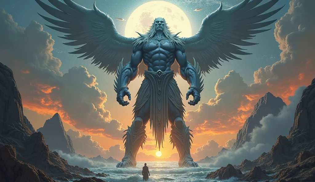 I want an epic image of the Nephilim in the middle of the flood