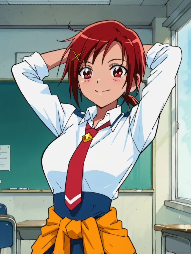 score_9, score_8_up, score_7_up, 1girl, Hino Akane sm, red hair, short hair, short ponytail, x hair ornament, red eyes, large breasts, blush, 

school uniform, white shirt, long sleeves, red necktie, sleeves rolled up, blue skirt, arms behind head, sweater around waist,

light smile, upper body, classroom, closed mouth,