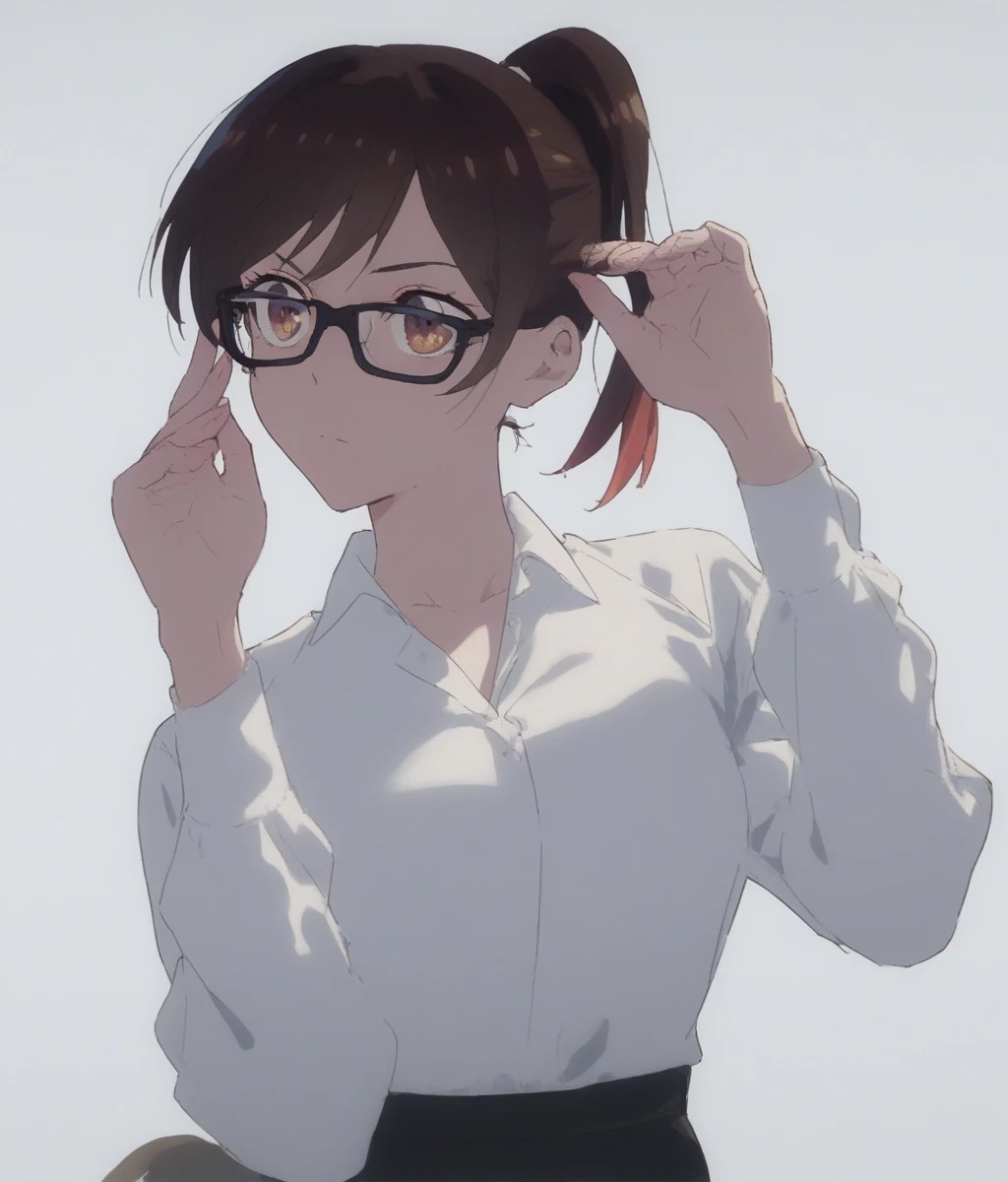 Chizuru Ichinose, 1 female, 21 years old, sexy body, white background, cover, dynamic pose, dynamic expression, white teacher's shirt half open, teacher's skirt, glasses, ponytail, black bra, adjusting glasses, colorful eyes, black stockings, medium tits