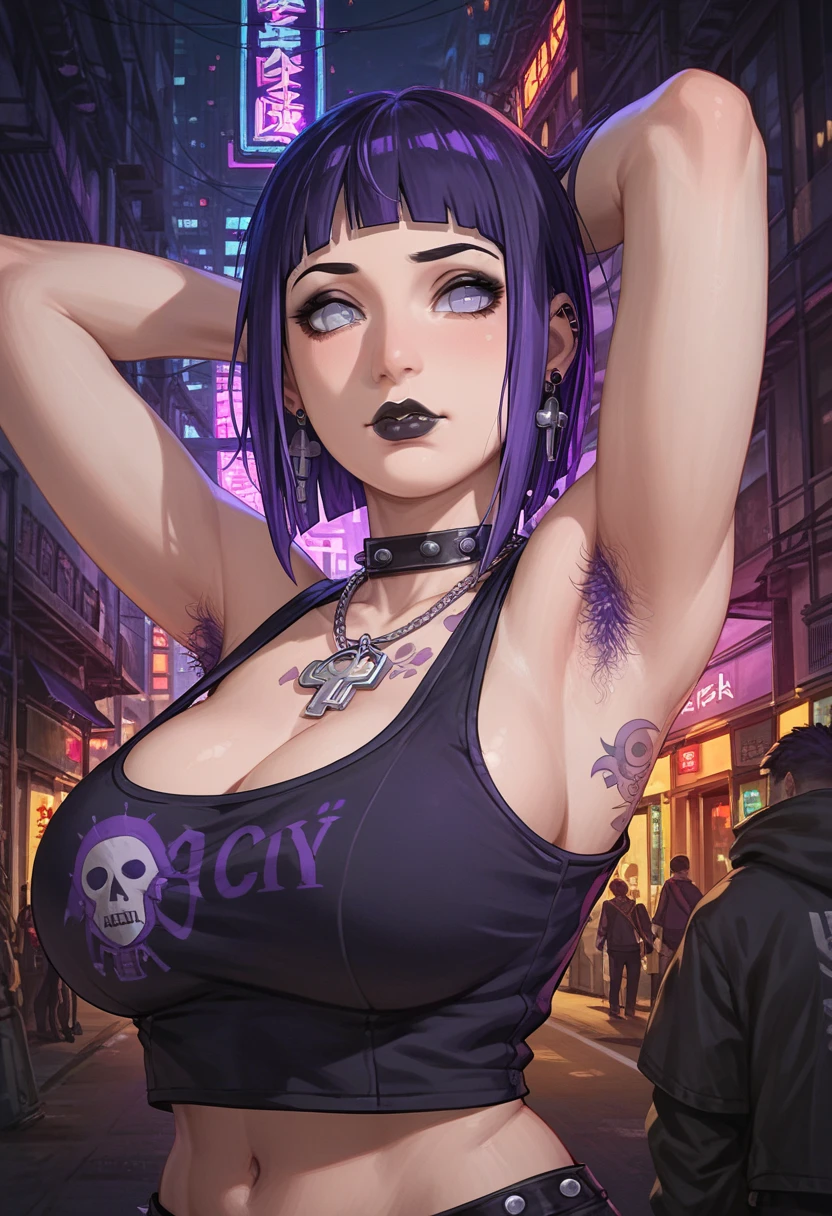 1girl, Holo-Punk Style, goth, earrings, HINATA HYUGA, tattoo, iron necklace, neon city background, gothic make-up, dark purple hair, big breast, black lipstick, black eyeshadow, detail eyes, sexy black armpit hair