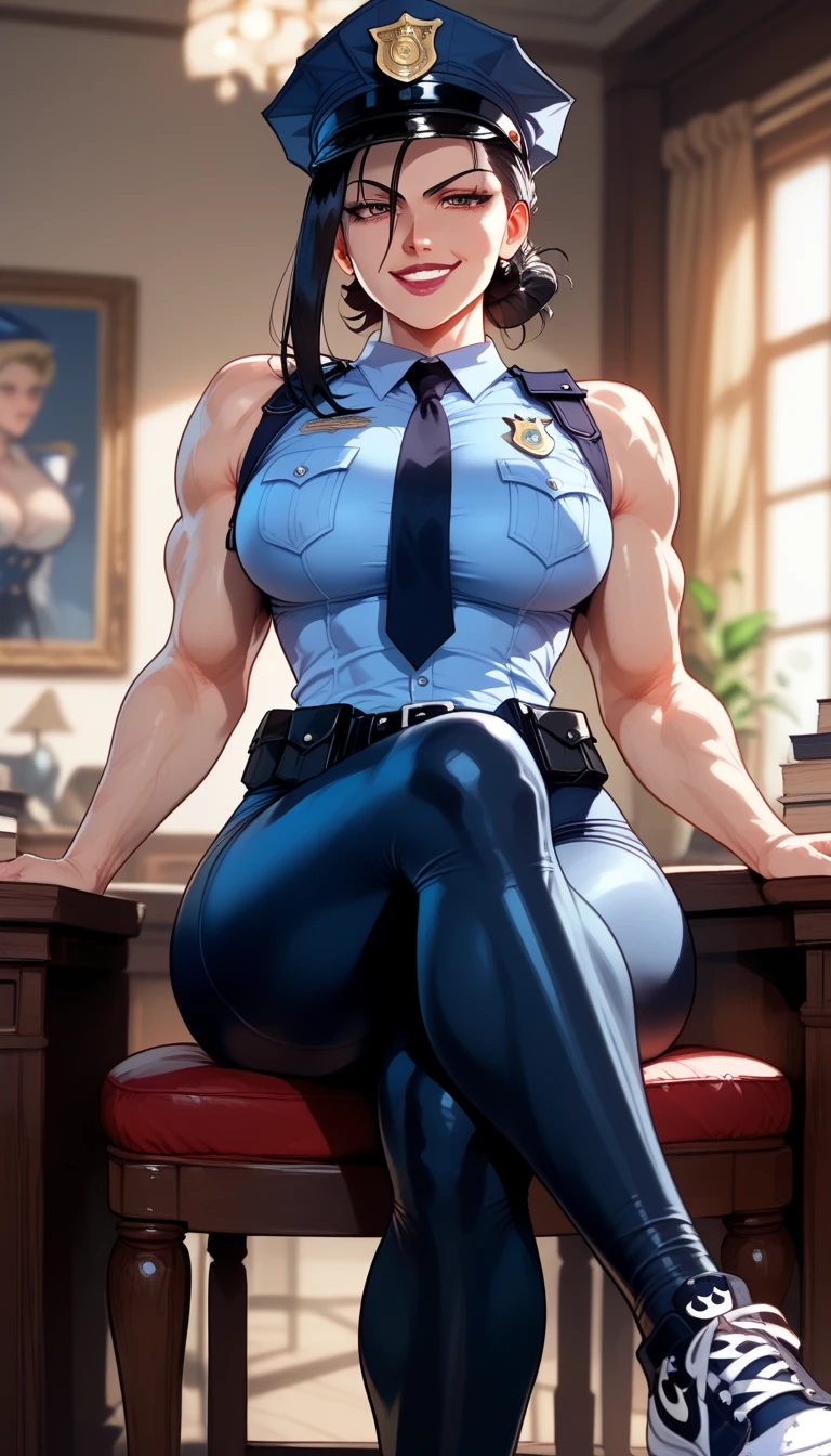  black hair,  short hair, Fullmetal Alchemist, lust, muscular, mature dominant woman , ( big breasts),  shiny leather, Police cap,  tight black police uniform,  tight tights,  bare arms , sneakers, erotic,  evil smile , Big legs ,  muscular legs,  police department , Interiors, Evening, ( crossed legs),  session