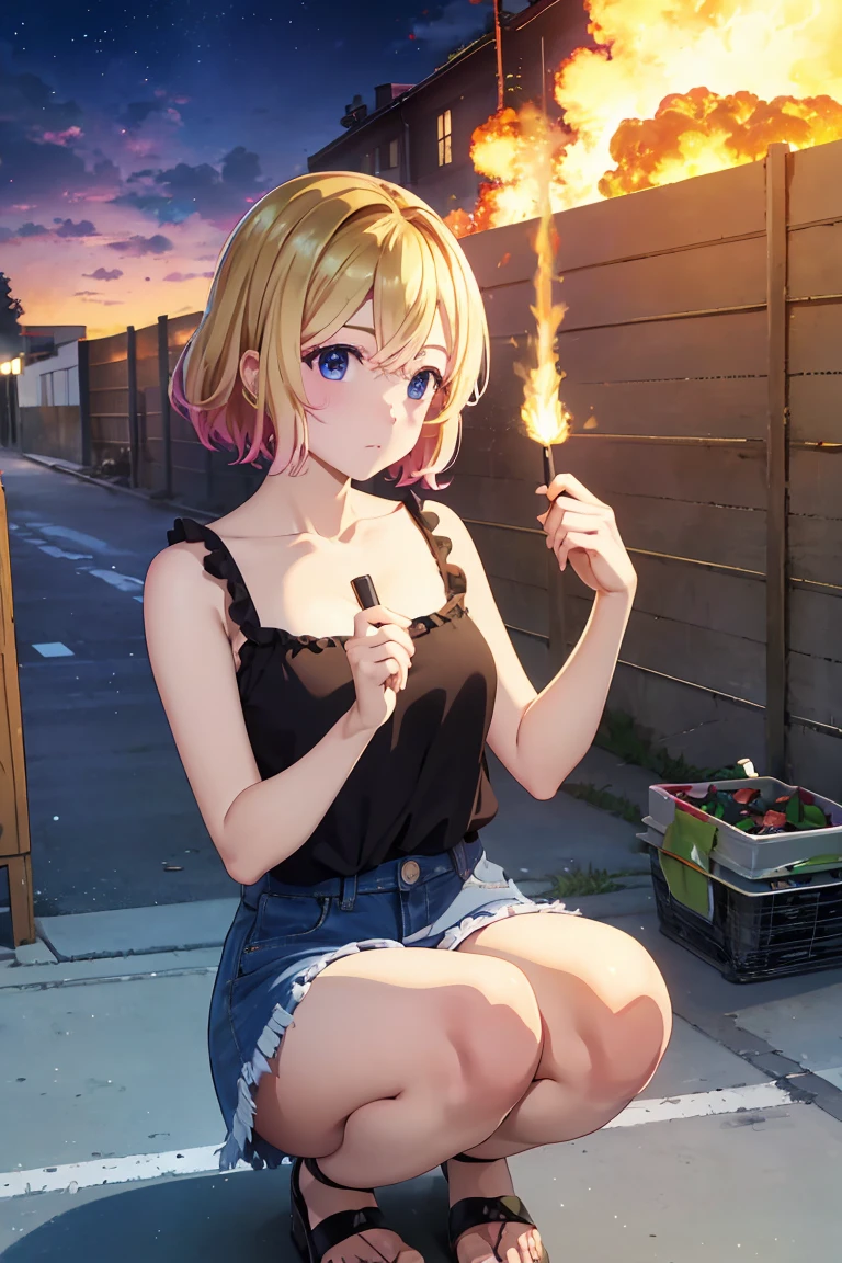 masterpiece, Highest quality anime illustrations, Super detailed,ultra high resolution、perfect lighting single girls, alone, Blonde、medium hair, anime , view at viewer,  cleavage、 crouching 、火のついたマッチ棒を持っている、 black tank top seen above、 sexy short denim skirt holding a lighted match stick、Black panties、panties pull、at night、 fence、Explosion and Flames 、 Explosion Military Base in Flames、Building on fire