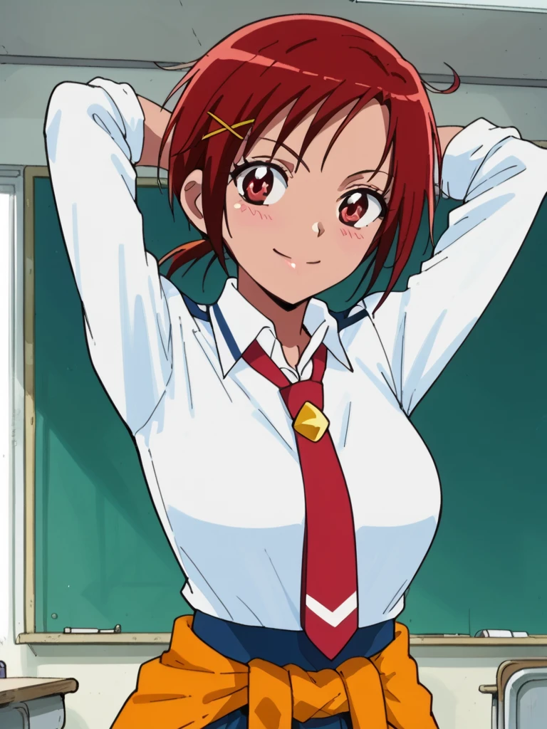 score_9, score_8_up, score_7_up, 1girl, Hino Akane sm, red hair, short hair, short ponytail, x hair ornament, red eyes, large breasts, blush, 

school uniform, white shirt, long sleeves, red necktie, sleeves rolled up, blue skirt, arms behind head, sweater around waist,

light smile, upper body, classroom, closed mouth,