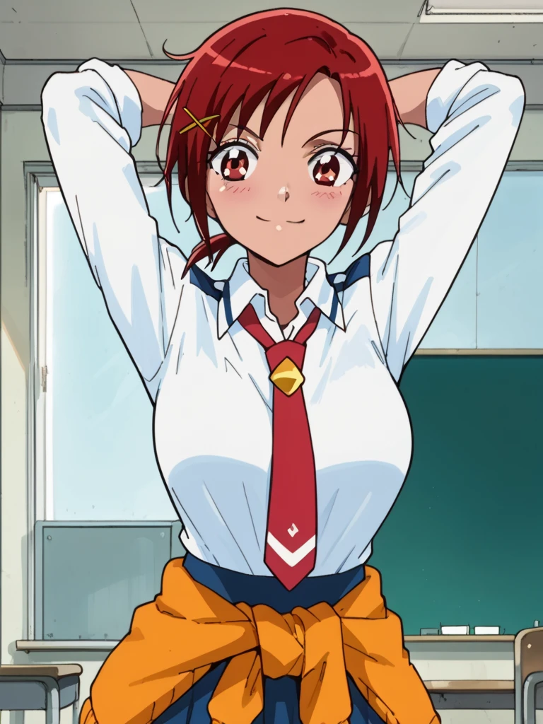 score_9, score_8_up, score_7_up, 1girl, Hino Akane sm, red hair, short hair, short ponytail, x hair ornament, red eyes, large breasts, blush, 

school uniform, white shirt, long sleeves, red necktie, sleeves rolled up, blue skirt, arms behind head, sweater around waist,

light smile, upper body, classroom, closed mouth,