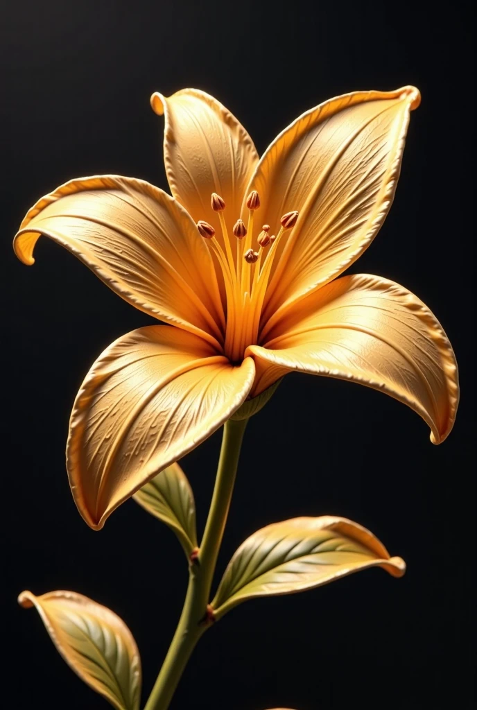 A glowing metallic golden flower resembling a lily, with intricate details and fine textures, set against a dark, glossy background. The petals are gracefully curved, reflecting light with a polished metallic sheen, while the stamens have a soft golden glow. Elegant and luxurious design, emphasizing depth, light, and shadow."