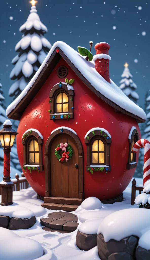 3D cartoon style Christmas cottage, shaped like an apple, decorated with colorful lights and candy canes, the roof covered with thick snow, surrounded by snow-covered pine trees, creating a joyful festive atmosphere