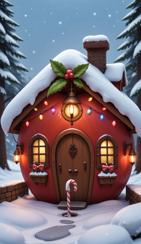 3D cartoon style Christmas cottage, shaped like an apple, decorated with colorful lights and candy canes, the roof covered with thick snow, surrounded by snow-covered pine trees, creating a joyful festive atmosphere