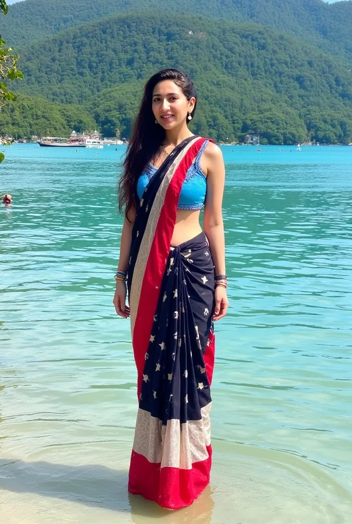 A beautiful girl sexi look osom and attractive many people with their smile and it at front,(beutiful Big breast)she is in sweeming pool swimming whering black & light red printed saree,open big breast।10 pet puppy in sweeming pool।
