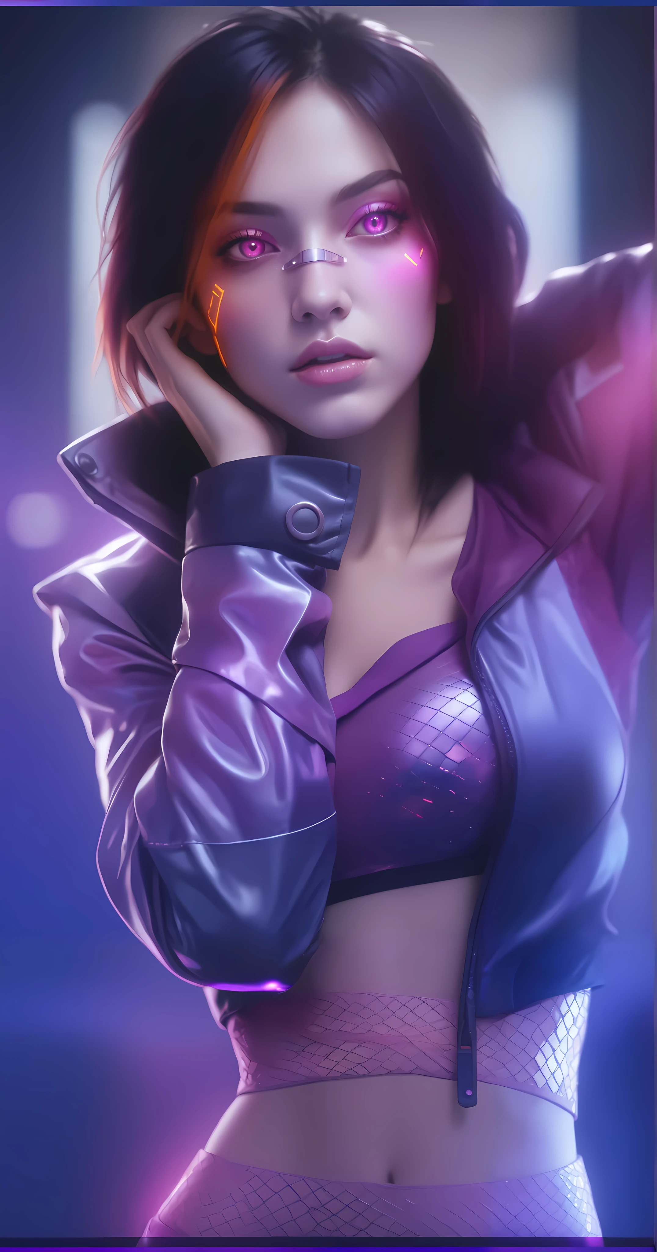 realism, masterpiece, best quality, amazing quality, very aesthetically pleasing, absurd, state-of-the-art) , official style, stoic expression, a girl in a cyberpunk jacket, pink lighting on her skin, tight-fitting holographic blouse under her jacket, elbow covering her chest, pink skin , skin covered with mesh, purple skin, orange eyes, iron elements on the face, narrow eyes, mesh on the stomach