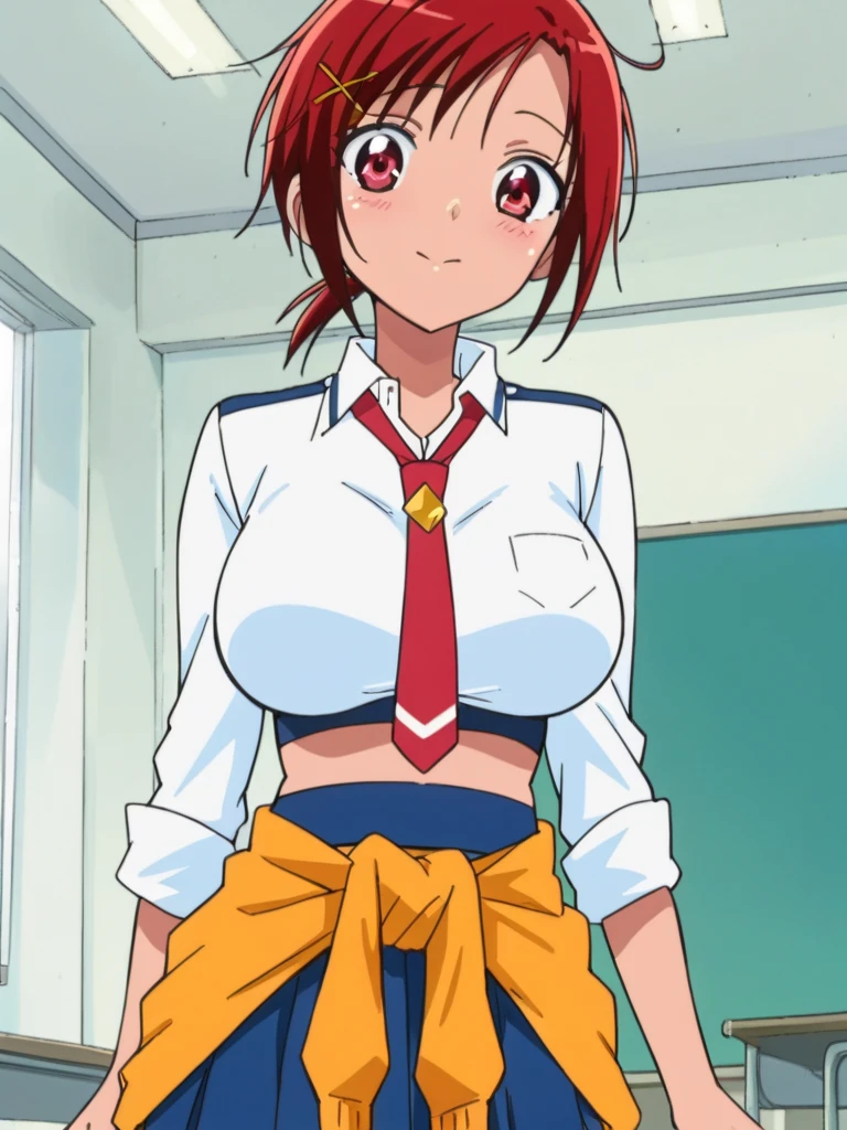 score_9, score_8_up, score_7_up, 1girl, Hino Akane sm, red hair, short hair, short ponytail, x hair ornament, red eyes, large breasts, 

school uniform, white shirt, long sleeves, red necktie, sleeves rolled up, blue skirt, sweater around waist,

blush, (open shirt, sports bra), upper body, classroom, closed mouth,