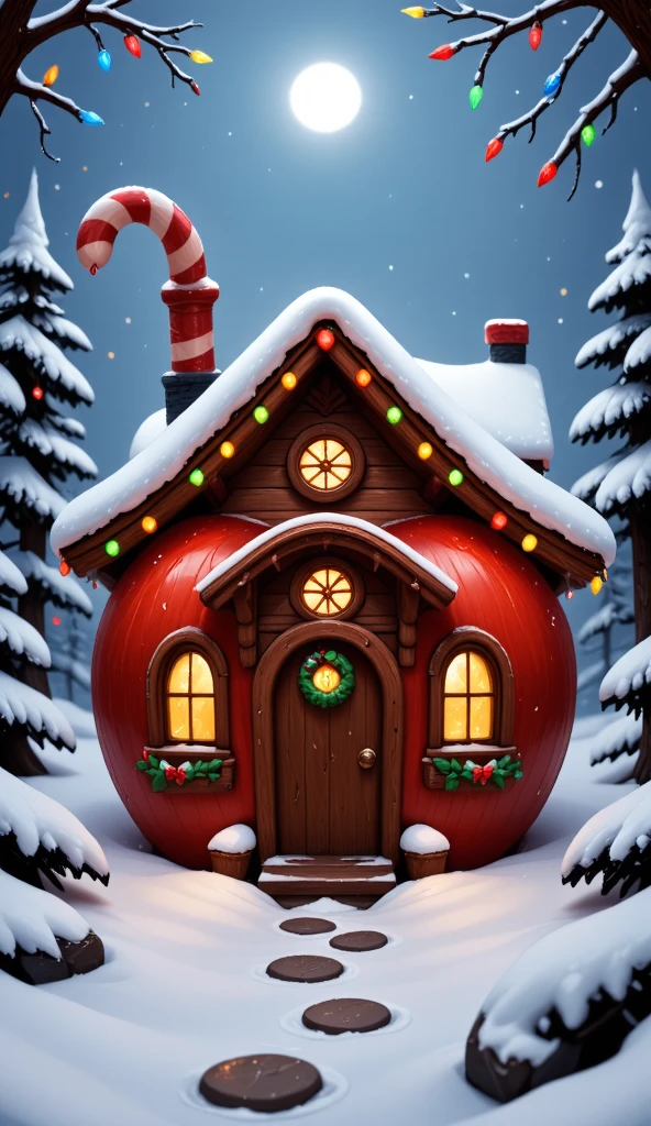 3D cartoon style Christmas cottage, shaped like an apple, decorated with colorful lights and candy canes, the roof covered with thick snow, surrounded by snow-covered pine trees, creating a joyful festive atmosphere