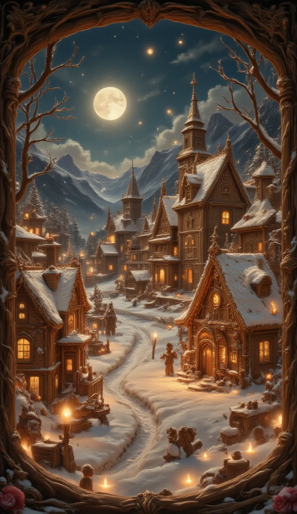 masterpiece, 8k, HDR, 3 D, best quality, photography, analog style, real life, extremely beautiful, (highly detailed, intricately detailed), A picture of a Christmas window display with gingerbread masterpieces. Gingerbread houses are carefully assembled, decorated with candy and icing, forming a charming little Christmas village, in a snowy village