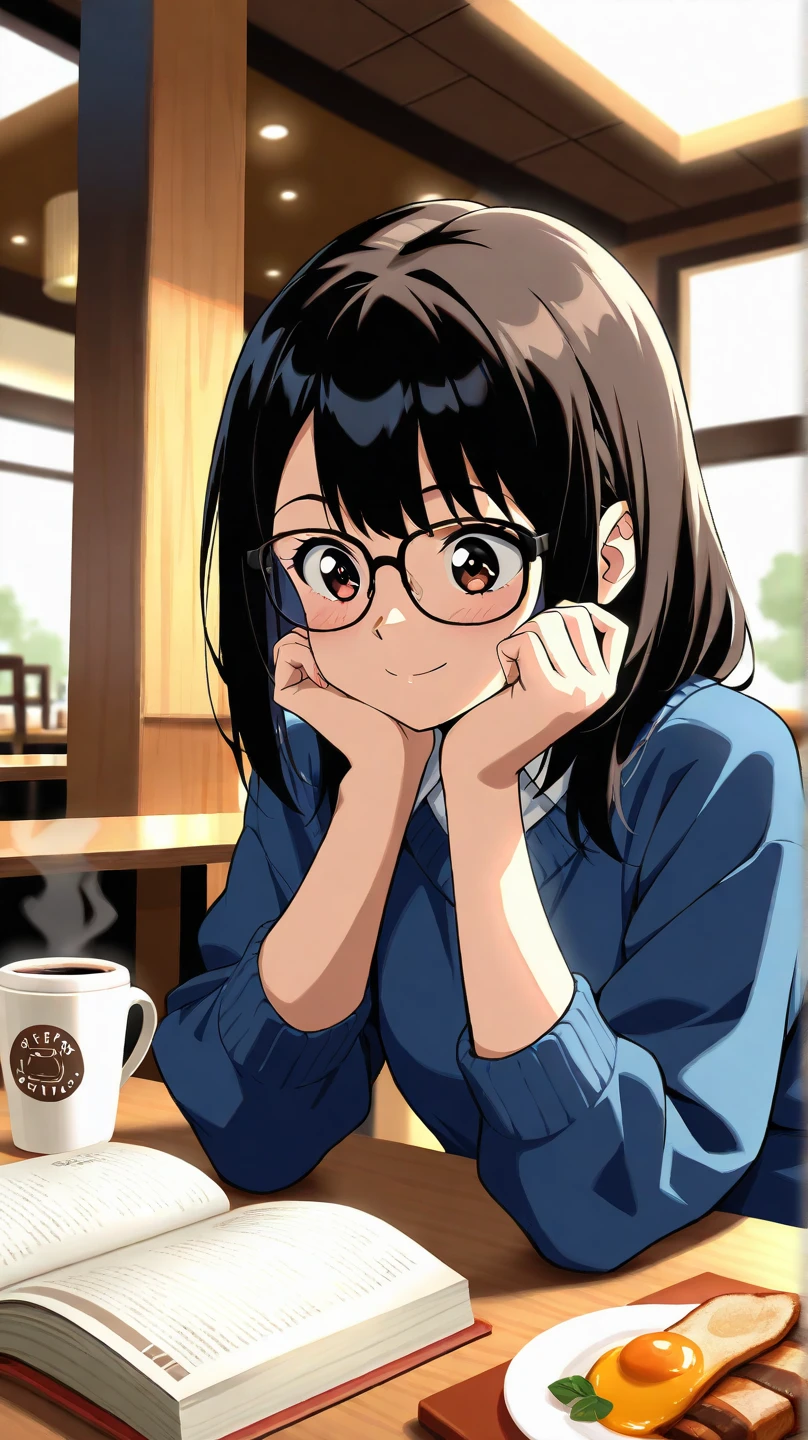 A black-haired girl wearing knitwear and glasses enjoying coffee and breakfast at a cafe early in the morning, with a paperback book beside the table,  anime style , anime style,  atmospheric perspective, UHD, retina, masterpiece, accurate, anatomically correct, super detail , high details, high quality, best quality, 1080P, 16k