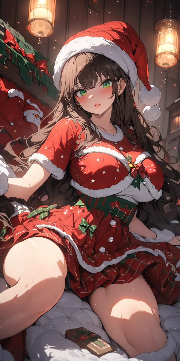 "anime girl, 1 person, dark brown hair, ponytail, ponytail, tied hair, brown eyes, socks, santa hat, santa outfit, santa outfit, winter outfit, naked  unique, red dress, big breasts, blushing, full body, snowfall, christmas gift box, christmas, solo, front view, (full HD 4K+ image)"