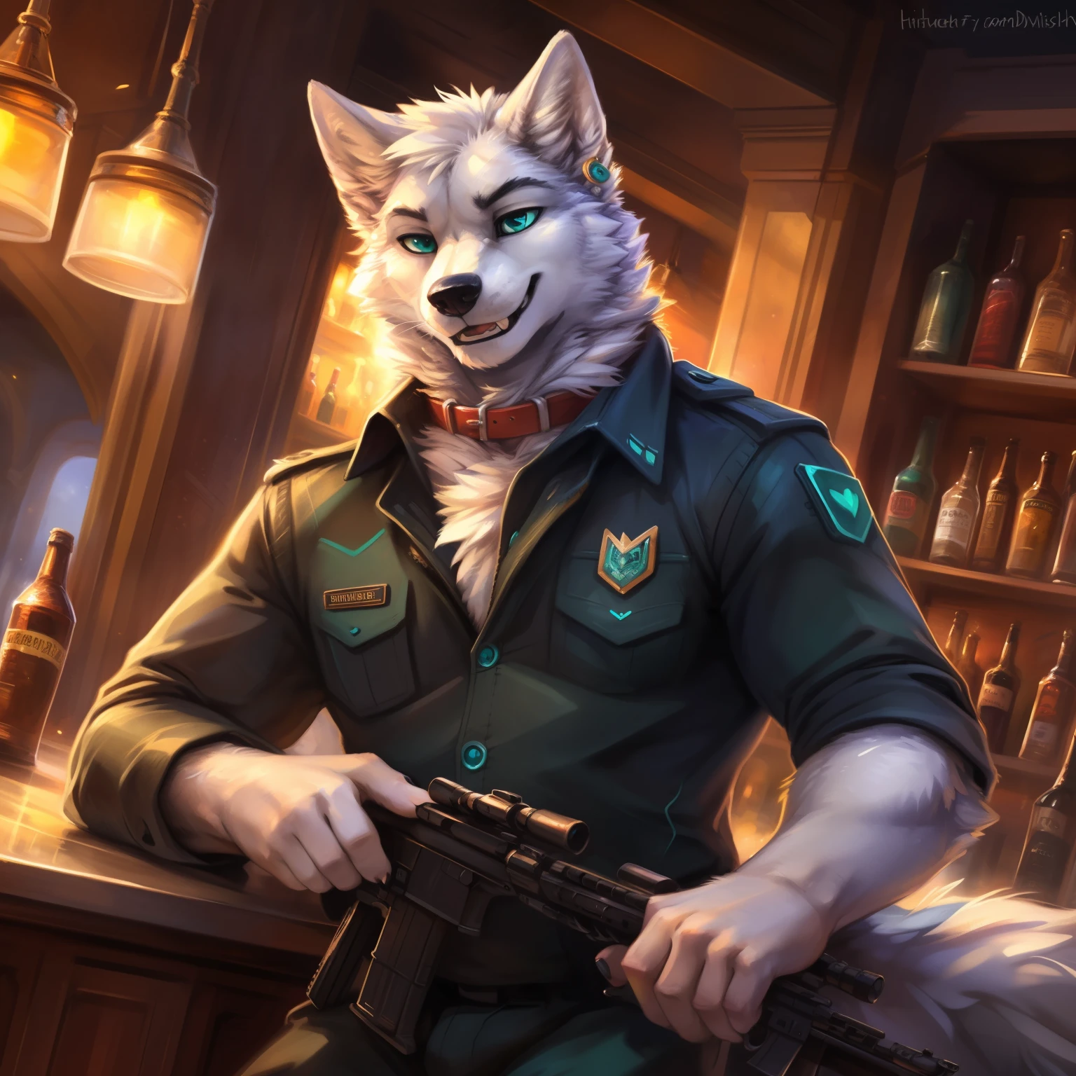 (author:Hioshiro and Kenket and Dimwitdog, Michael & Inessa Garmash, ruanjia, pino daeni, Chunie), uploaded the e621, beautiful and ultra-detailed, lighting cinematic, seductor, (male anthro arctic wolf, fluffy fur, character focus:1.5), body fur, (thick thighs:0.3), curvy, (), invitation, (heart-shaped pupils), sexy, handsome, seductive, fall in love boy, (((1st hottest hot action pose to show his detailed teal eyes))), ((he is holding a detailed m4a1 rifle)), 30 years old, {angry expressions, showing teeth}, gold stud earrings, (portrait), ((NSFW)), red collar, (Fancy Bar background), Rayban glasses, muscular, (detailed teal eyes:1.3), black suit, dress pants,