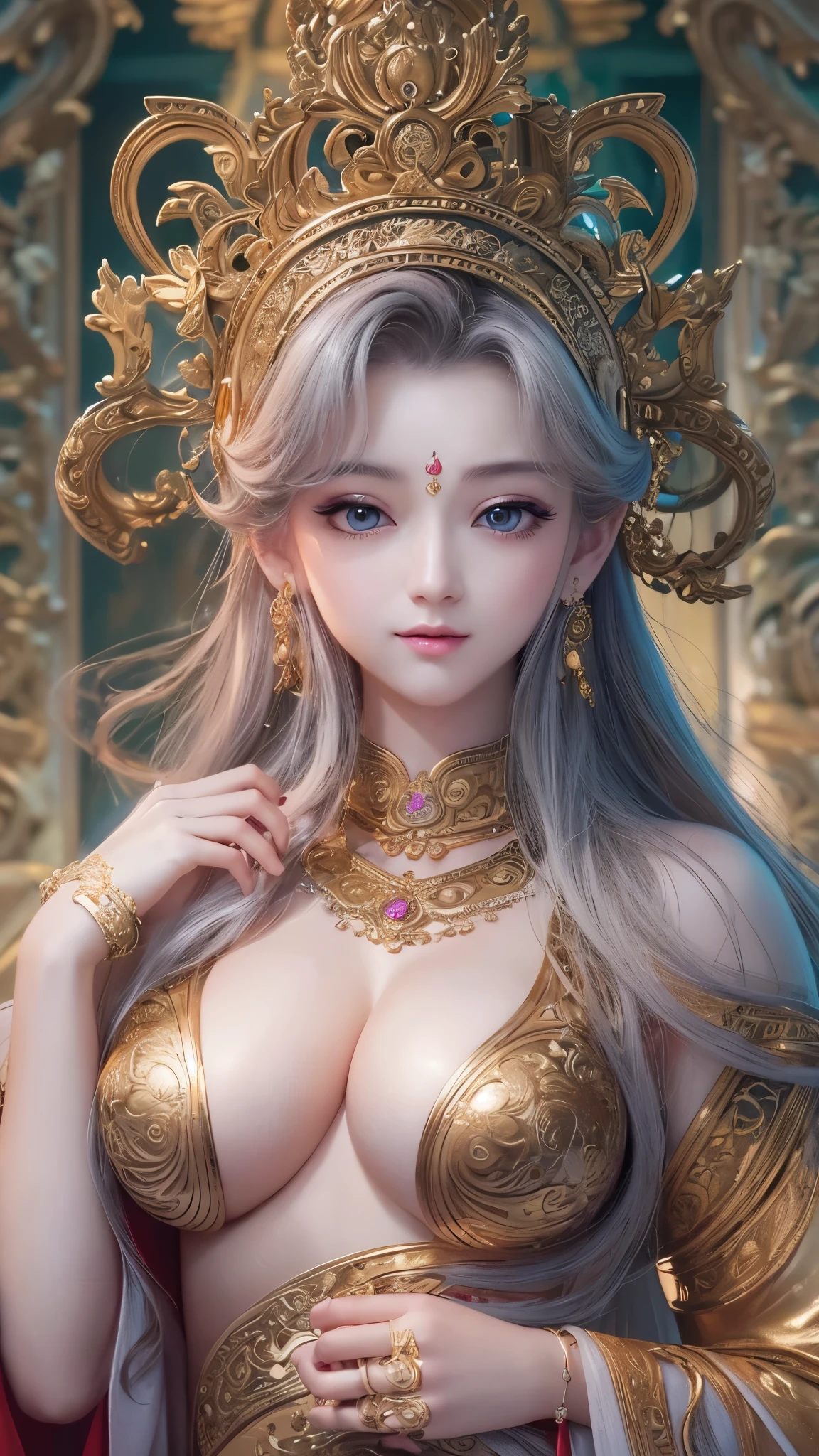 Beautiful female emperor, Transparent muscle, Beautiful appearance, There is deep wisdom in her eyes, that&#39;It&#39;s as if she sees the whole world, Wearing a luxurious white robe, Long sword, A robe fluttering in the wind and silver hair fluttering in the wind, The white robe perfectly complements her elegant figure.., The attitude is calm and idyllic, Like a perfect fairy, Yasutomo Oka&#39;s painting style, Big Breasts, Add light purple and purple, Add Light Red, Intricate details, Splash screen, 8K resolution, masterpiece, Cute Face, Big temple, mysterious magic circle background, Geometric mural, Colorful background, aura, Sharp eyes, break, blonde, Strong winds, lightning, Grenade, We buy, Arabic
