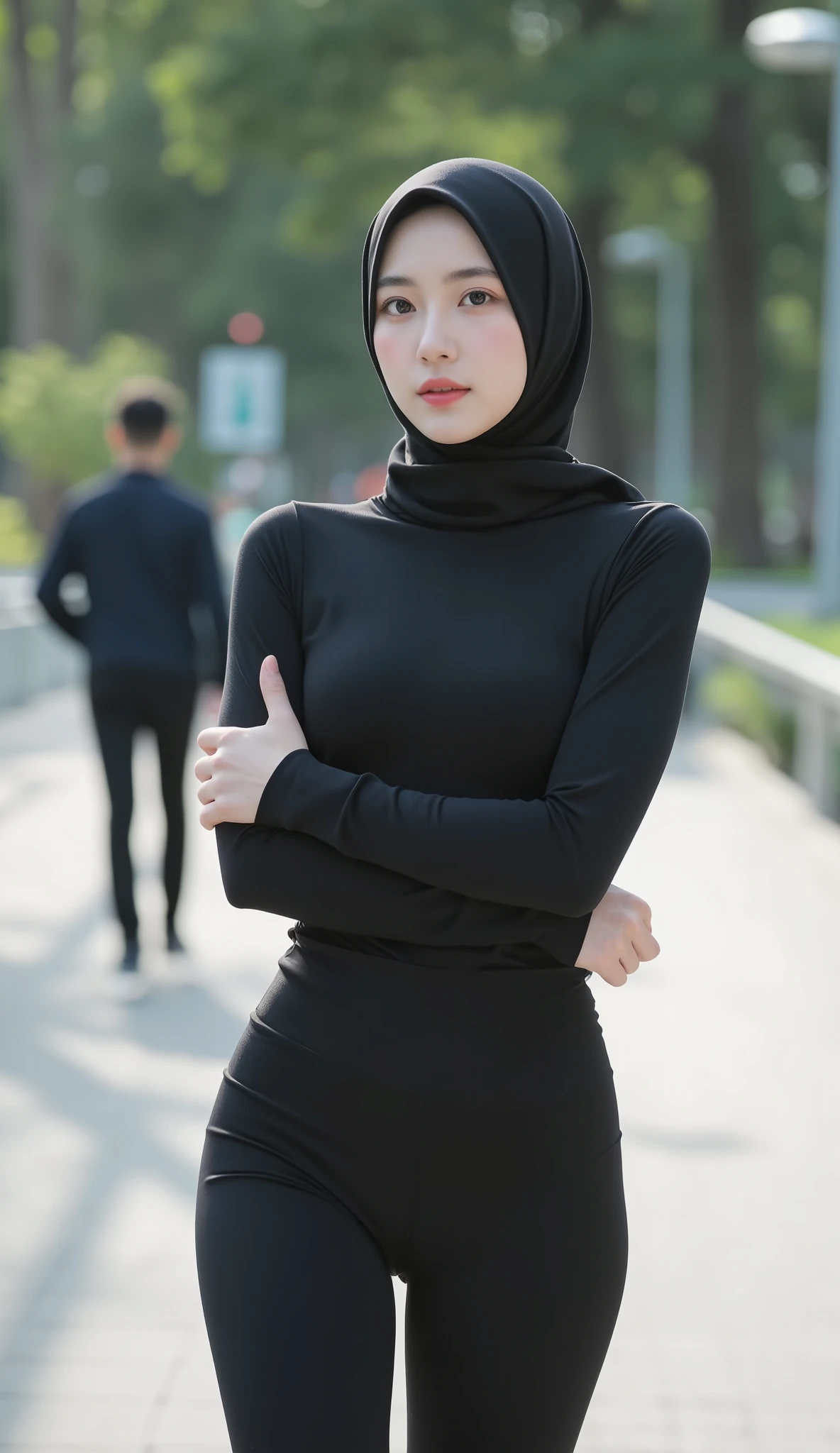 1girl, (looking at viewer), (bokeh:1.1), hijab, parted lips,expressionless, realistic, arm behind head, tights, pants, skyline, best quality, (photorealistic:1.4), ultra highres, no panties